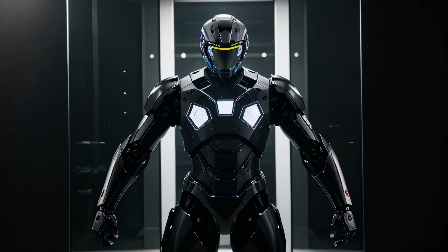 large black glass robot details in glass and metal fiber full body and glass head with LEDs