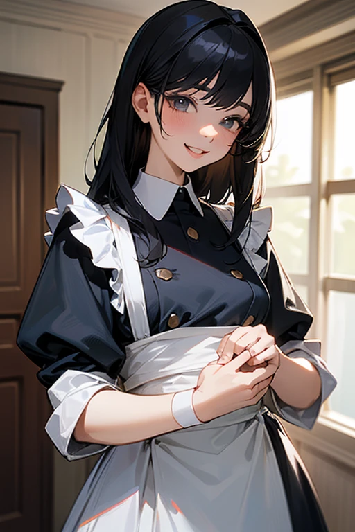 (Highest Resolution, clear_image) highest quality, Single person, One woman, alone, masterpiece, Very detailed, Semi-realistic, Black Hairのショートヘア, Black Hair, bangs, 18-year-old, mature, light blue uniform, uniform, Indoor Background, kind, Authoritative, Powerful, exquisite features, exquisite features、Eyelashes become longer、Showing teeth、smile😀、Maid clothes、woman'Fingers in the、Sleeping on the sofa、Long Hair、Fluttering in the wind、Cleaning in progress、Navy blue clothes、Long hair、