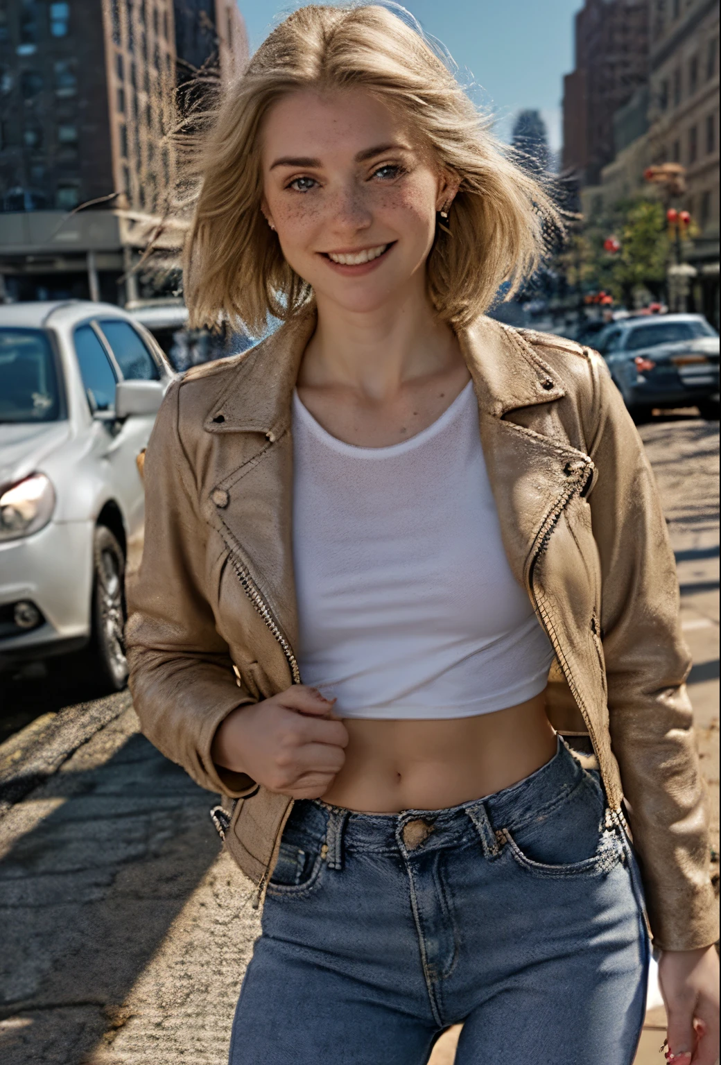 A 21 year old girl named Kate with short blonde hair, medium breasts, her height is 1.60, white British style, Kate is beautiful, angelic face, has freckles in the nose area, Kate is wearing a beige leather women's jacket with a white shirt, kate wears very light jeans with white sneakers, Kate is on the streets of New York at dusk, Kate is very happy because she loves New York