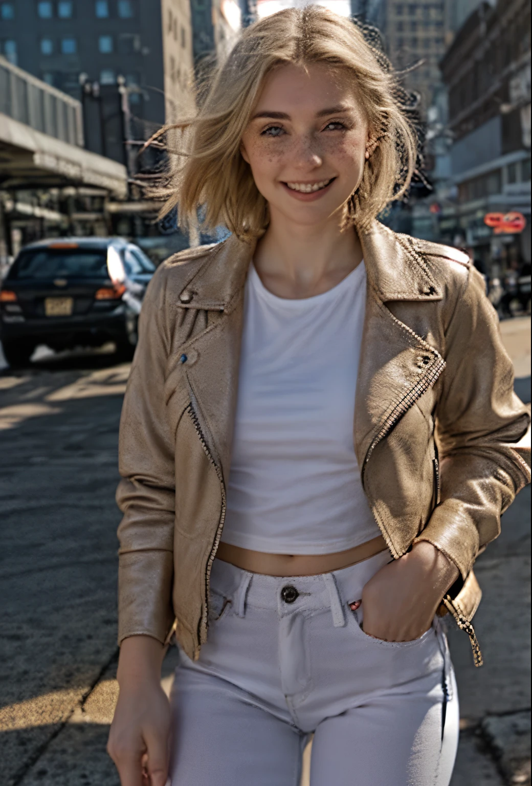 A 21 year old girl named Kate with short blonde hair, medium breasts, her height is 1.60, white British style, Kate is beautiful, angelic face, has freckles in the nose area, Kate is wearing a beige leather women's jacket with a white shirt, kate wears very light jeans with white sneakers, Kate is on the streets of New York at dusk,  Kate is very happy because she loves New York