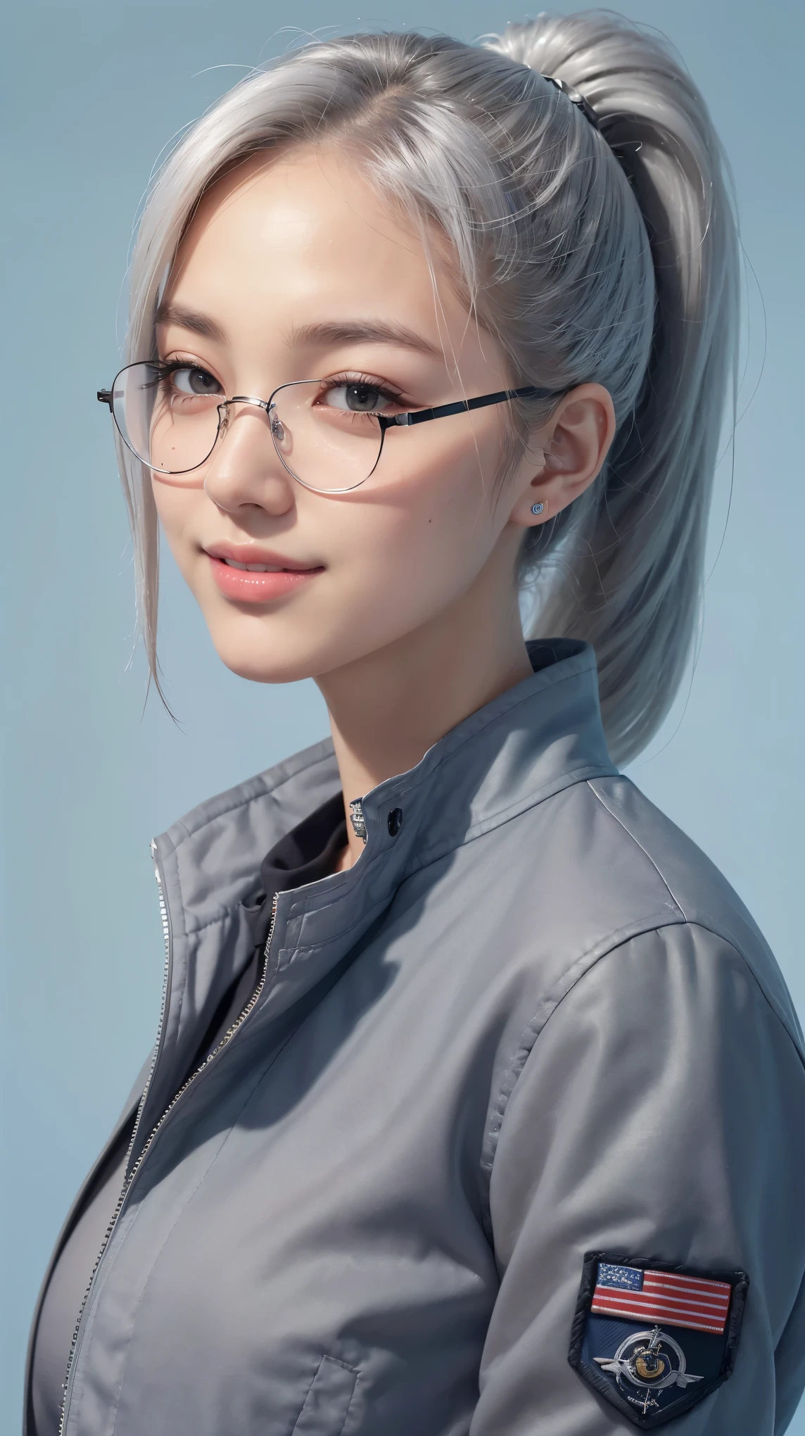 Realistic, masterpiece, highest quality, Highest Resolution, (1girl:1.3), 20-year-old, Sharp Eyes, Grinning smile, Slightly to the side, Definitely watching the audience, (Beautiful fine details, Iris, (Hidden eyelid wrinkles:1.2), Thin eyebrows, Draw eyelashes carefully, Natural Makeup, Mid-length hair, Silver Hair, ponytail, Detailed face), (rimless glasses, (White Shirt, (Grey military jacket, MA-1)),Photographing the upper body,Portraiture, (Blue blank background:1.3)