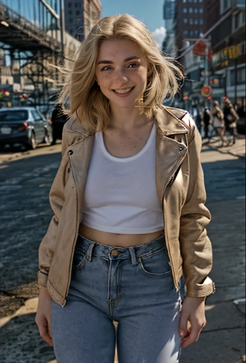 A 21 year old girl named Kate with short blonde hair, medium breasts, her height is 1.60, white British style, Kate is beautiful, angelic face, has freckles in the nose area, Kate is wearing a beige leather women's jacket with a white shirt, kate wears very light jeans with white sneakers, Kate is on the streets of New York at dusk, Kate is very happy because she loves New York