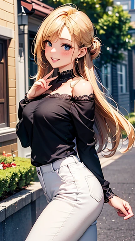 A girl is posing for a photo, cute女の子, Enchanting girl,
(Blonde, half updo), (Red eyes),
((High neck black lace inner shirt:1.4、Black off-shoulder top:1.4)、(white skinny slacks:1.4、Black High Heels:1.4))、Black choker、Red Gem Earrings、Gold Necklace、Gold Bracelet、
(((highest quality)), ((masterpiece)), (Very detailed), (High resolution), (Beautiful detailed sparkle), (High detail), (Anatomically correct)), ((Realistic)), ((The best CG)), Ultra-detailed art, CG illustration, 16k, 1080P, Oil paints:1.2,
(((One Girl))),
(Symmetrical facial features, Perfect Face), Beautiful clavicle, (Beautiful fingers), (Beautiful breasts, (Ccup)),
Beautiful body, Beautiful thighs, Beautiful feet, Perfect round butt, (((Detailed skin, Oily skin, Textured skin, Beautiful Skin))),
(((Baby Face, cute, 16 years old))), Double eyelids, Long eyelashes,
(Droopy eyes, Expression of fine eyes, Beautiful and delicate eyes, Sparkling eyes, Eye Reflexes),
(Beautiful Nose,Thin Nose),
(Glossy Lips, Beautiful Lips, thick lips),
(Beautiful Hair, Shiny Hair, Shiny Hair), Hair fluttering),
(smiley, laughing, blush),
BREAK
(noon、(Residential Street、Slope)), ((Are standing:1.4, Cowboy Shot))