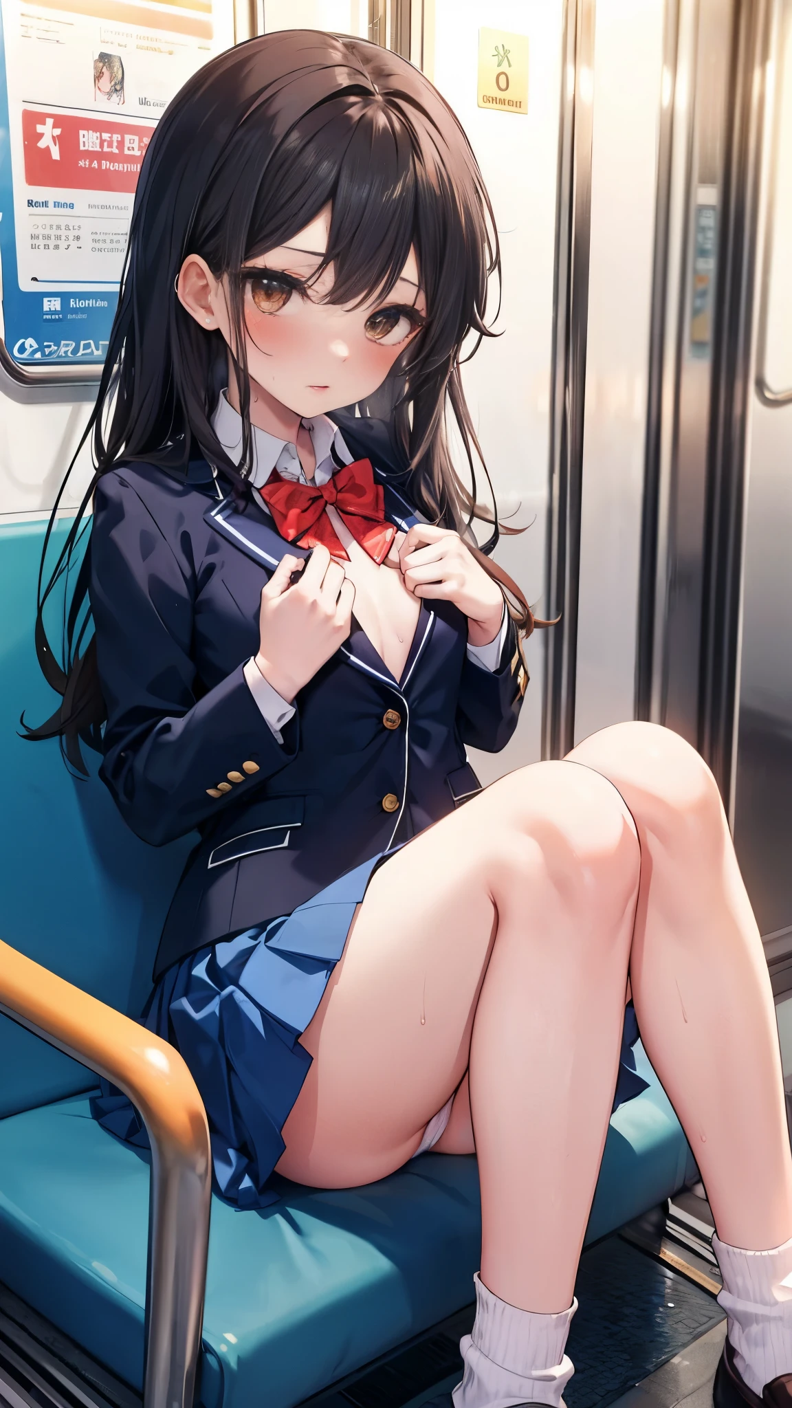 NSFW,4K,Gal:1.3,Anatomically correct,school uniform:1.3,A pure and innocent girl, Very cute face, Like an idol, (masterpiece:1.2), (high quality), panties, loose socks, Hip, Blue Skirt, alone, Blazer Type, loose socks, Lifting clothes, Brown eyes, pure gaze, mini skirt, Lift yourself up, Check skirt, blush,((Mid-chest)), (Sweating profusely), Long Hair, physical education, Beautiful legs, ((in the train))