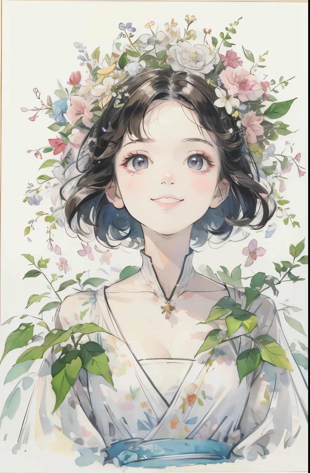 (masterpiece、best quality、best quality、Pretty and beautiful:1.2)、Good anatomy、（Watercolor 1.5）、Composition looking up from below、long shot、Short straight hair style for women、beautiful smile、Pure white fairy costume、Pure、charm、Staring at the blue sky、Flowers and leaves、Botanical Art