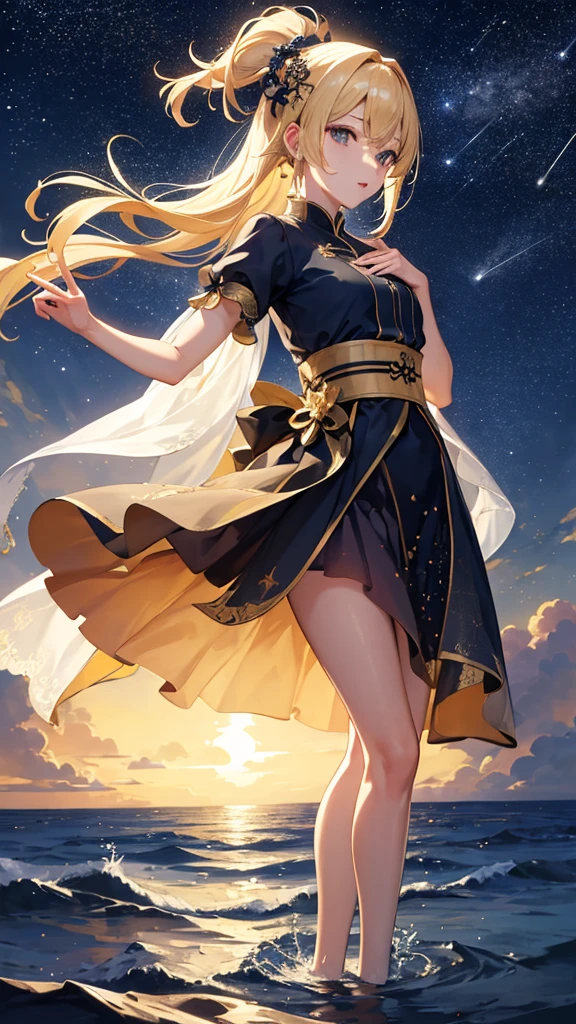 masterpiece, high quality, 4K, Beautiful design, silhouette,blonde, 非常に詳細な夜のStarry Sky,Water's Edge, wonderful, Finer details, Very knowledgeable woman, Highly detailed solo, 1 female,Big Breasts,White colored kimono,Night view,Starry Sky,full moon,