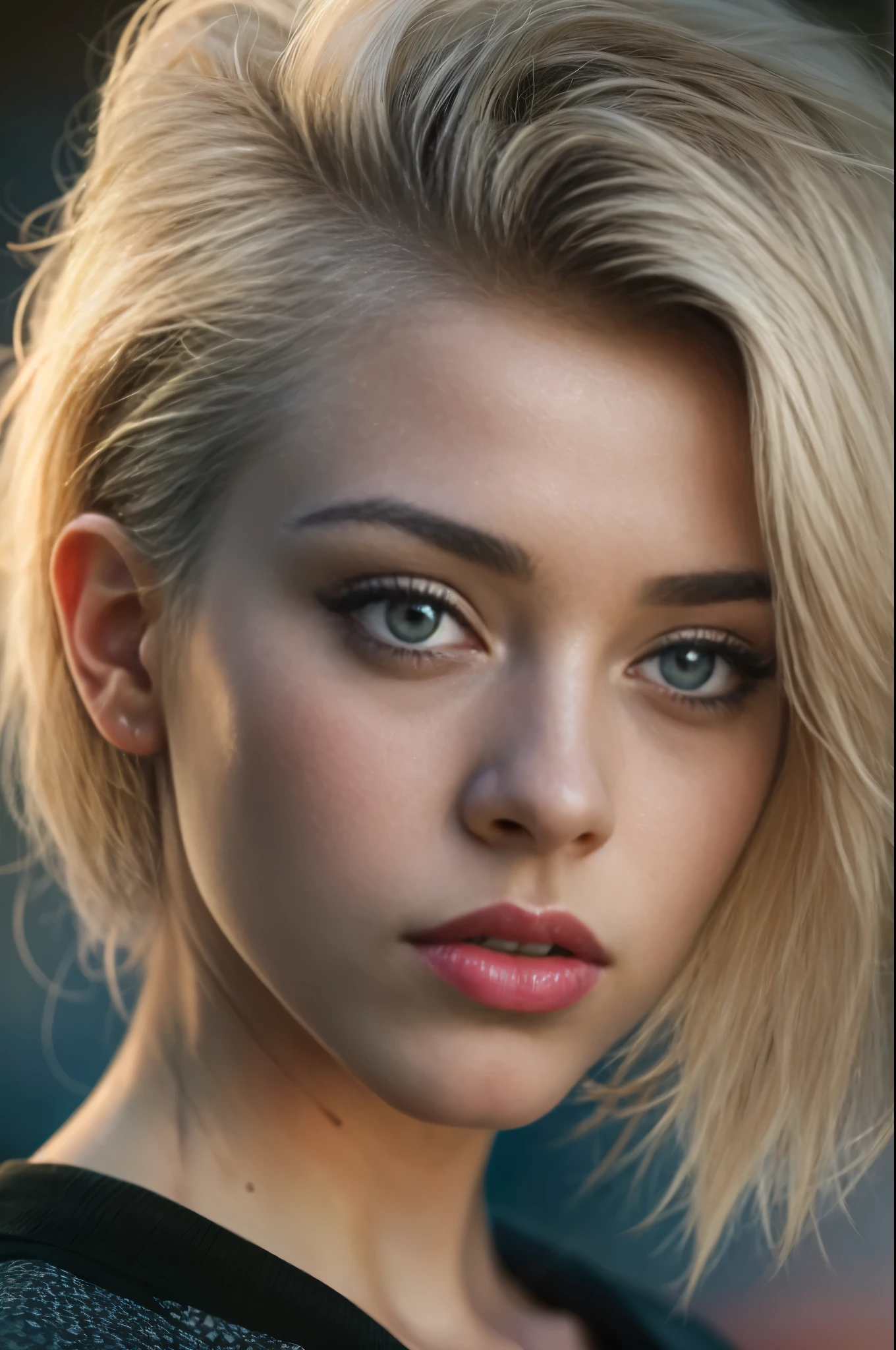 Masterpiece, a half body shot of a 20 yo woman, blonde, short hi-top fade hair, blue eyes, pale skin, dark theme, retro punk clothes, soothing tones, muted colors, high contrast, (natural skin texture, hyperrealism, soft light, sharp), 16K, UHD, DSLR, RAW, ultra high res.photorealistic