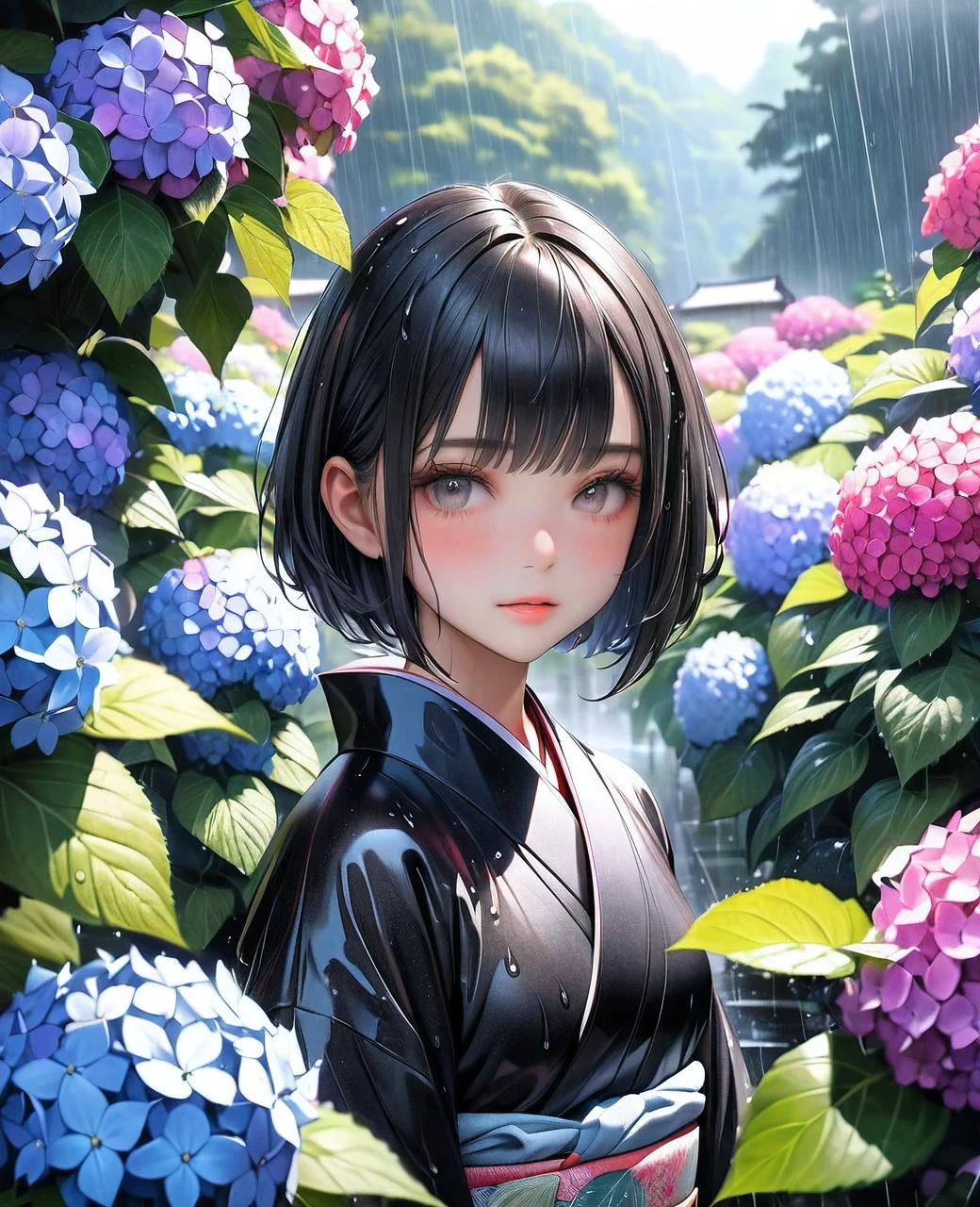 raw photo:1.2, masterpiece, highest quality, 16k, unbelievably absurd, very detailed, perfect beauty, beautiful cute girl, jet black bob cut, wet hair, kimono, ultra-realistic:1.8, vibrant colors, hydrangea in the garden, gently rain, view above