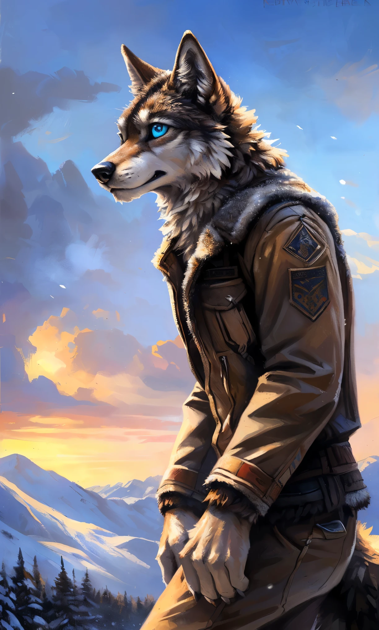 ((Solo)), male people, anthro wolf, (Multi-colored fur, White-brown:1.3,White tail pointed), (Height 2.1m,Tail length 1.2m), ((Wolf face, Big eyes, White eyelids, Blue pupil, Slim:1.2) (Tough, Calm expression:1.2)), Slim, pinging)), (Correct anatomy), (Winter clothing:1.1), The upper body naked, (detailed outfits),A long big tail,Feet,(Realistic fur, Detailed fur texture, labeled:1.3)), (Natural lighting), Photorealistic, Hyperrealistic, ultradetailed, by Kenket,Snowfield,erect through,Running on