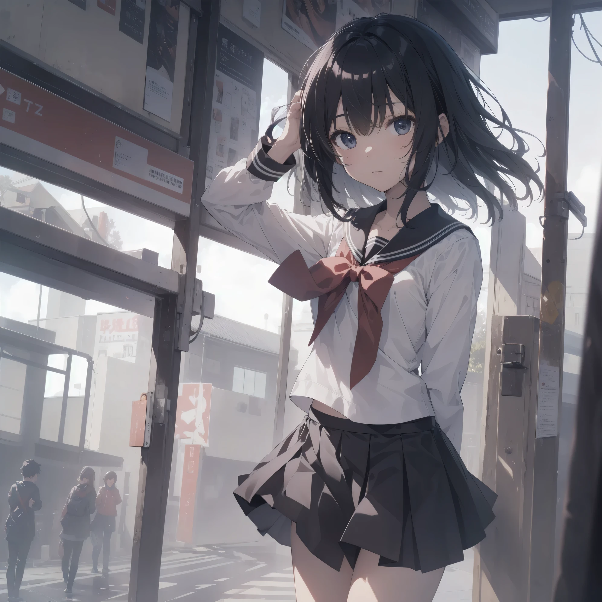 ultra-absurdres-Top quality by artist God, ultra-detailed, high resolution, anime moe artstyle, best anime 8k konachan wallpaper, pixiv contest winner, pool:2810, perfect anatomy,break, 1girl, (Please draw a girl walking sleepily to school alone. )break,(Solo,little female, 13-year-old:1.3),Full limbs, complete fingers,a junior high school student, (very short hair), short cut, flat chest, , small butt, small black eyes, beautiful detailed eyes, well-proportioned iris and pupils, expressive eyes, highres detailed hair, soft expression, salor school_uniform, sailor collar, serahuku, bow, pleated skirt,(Detailed Lighting), (Detailed background), in the School commute route. break,super detailed skin, Best cinematic lighting powered by famous artist, 8k,beauty illustration,photoshop_(medium),very aesthetic,break,((artist:tsukudani_(coke-buta) )), artist:clamp ,artist:carnelian ,artist:kantoku ,