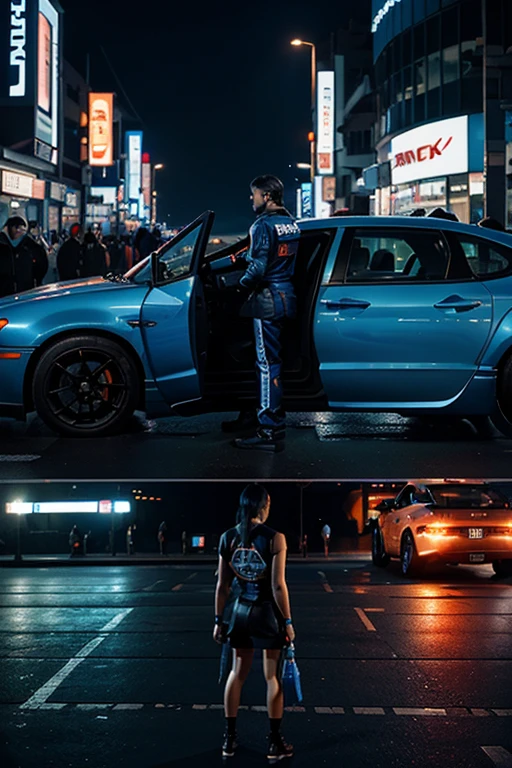 Beautiful powerful blue-orange cars in cyberpunk style. City square in cyberpunk style. People stand to the side and admire the car.