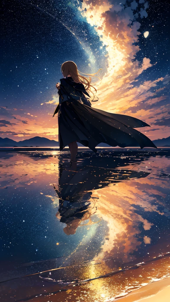 masterpiece, high quality, 4K, Beautiful design, silhouette，blonde， 非常に詳細な夜のStarry Sky,Water&#39;s Edge， wonderful, Finer details,  Very knowledgeable woman, Highly detailed solo, 1 female,Big Breasts， Pure white dress，Night view，Starry Sky，