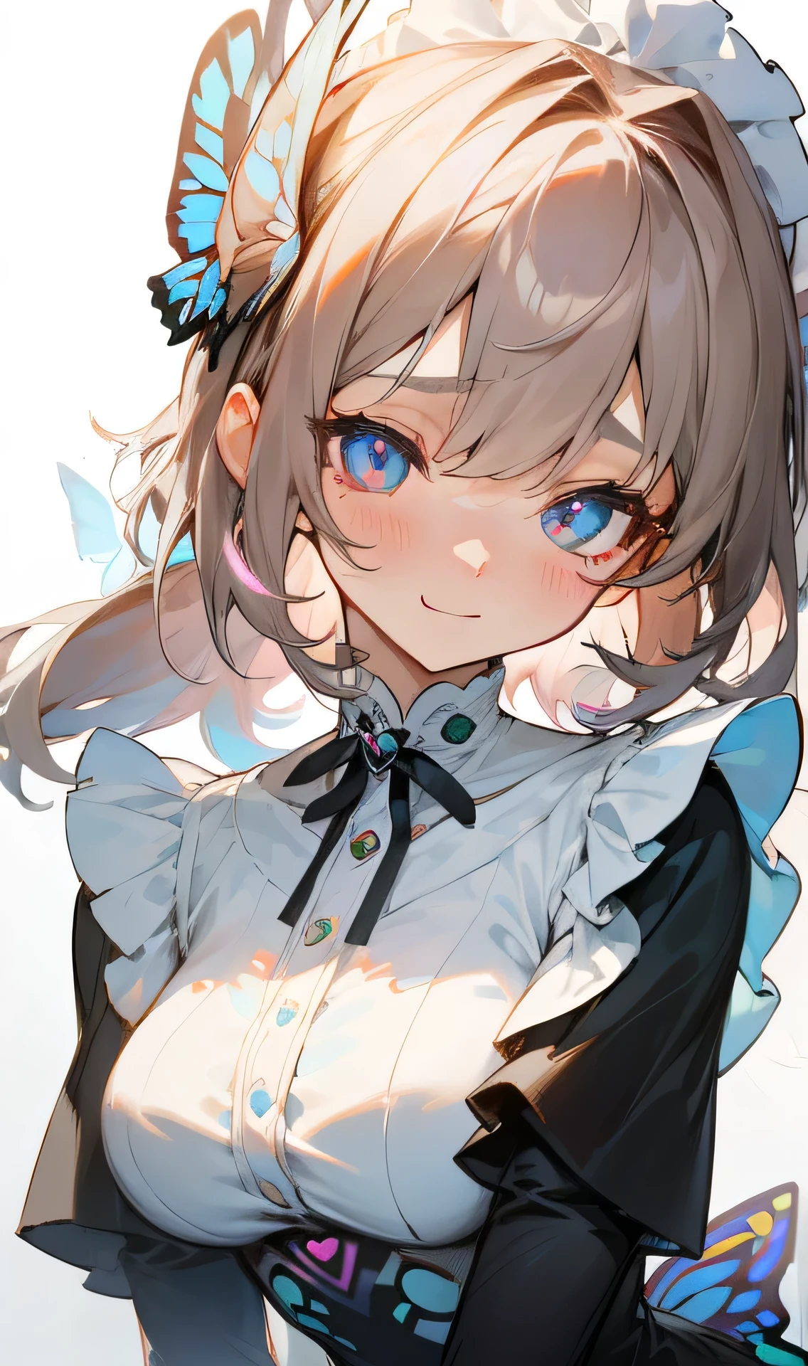 The upper part of the body_Body, from a_Above, zoom in on eyes, Bangs, hair between eye, Strapless, The collarbone is visible, Butterfly SurroundedFlowers fill the screen, Floating light spot, hearts in eyes, heart marks in the eyes, Seductive smile, embarrassed,Colorful in the eyes