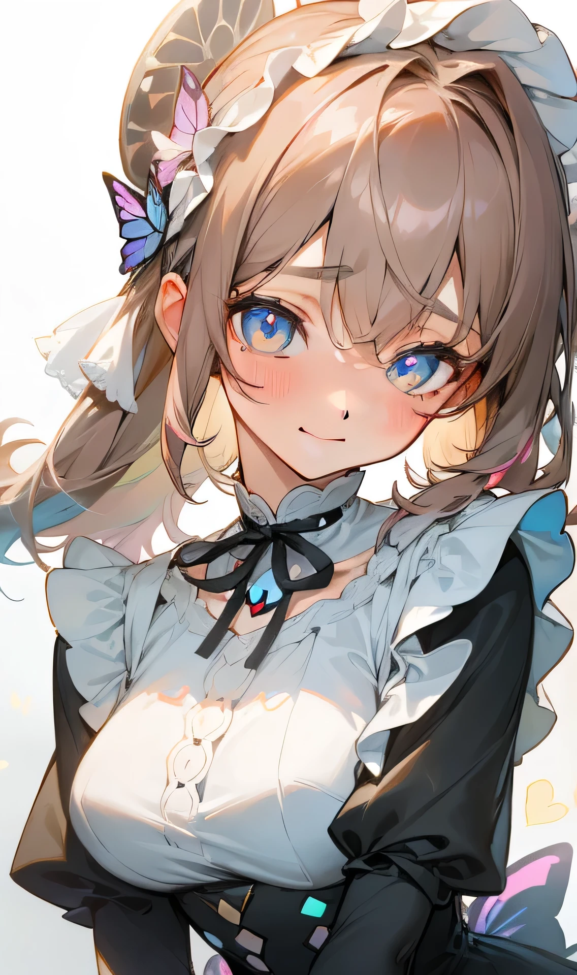 The upper part of the body_Body, from a_Above, zoom in on eyes, Bangs, hair between eye, Strapless, The collarbone is visible, Butterfly SurroundedFlowers fill the screen, Floating light spot, hearts in eyes, heart marks in the eyes, Seductive smile, embarrassed,Colorful in the eyes