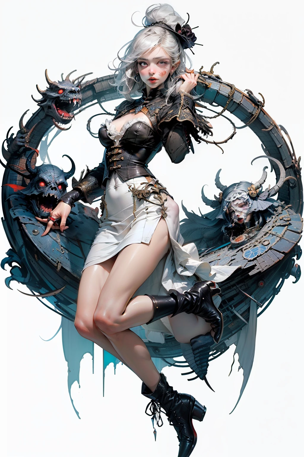 ((best quality)), ((masterpiece)), (detailed), perfect face (((masutepiece, of the highest quality, super detailed))), hand drawn style, hand painted style, watercolour, sketch, a knight, white background, plain background, Bloodborne inspired, tatty Bloodborne attire, occult aesthetic, occult, tatty red and white clothing detailed and intricate steampunk and detailed gothic ta (with a hood), long coat, Complex laced boots, Fluttering lace flared long knee length dress with frilly petticoats, long dress, knee length dress, pleated petticoats, loliress, petticoats gothic lolita, tiful small breasts, (((( Highly detailed face))), small thin nose, Small thin lips mouth, (((Very sharp focused eyes))), Very large slit precision pale grey eyes that shine like jewels. very long eyelashes, Silver hair swaying in the wind, Emitting a dazzling light in a mandala pattern, white background, Very dramatic and cinematic lighting, tatty damaged old red and white clothing, full body, whole body, body, cosmic horror, grim dark