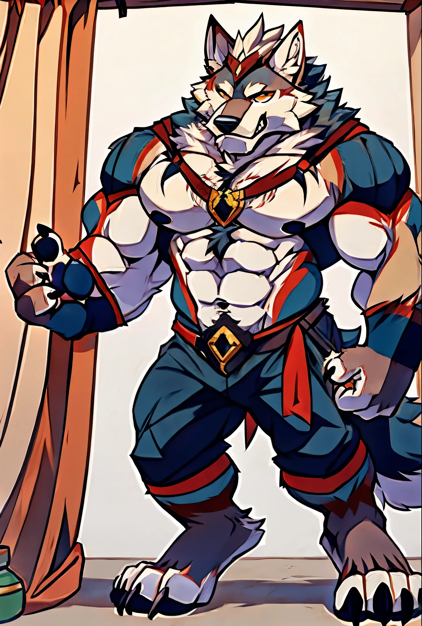 Human-wolf，musculous，Hairy all over，clawed paws，erect through