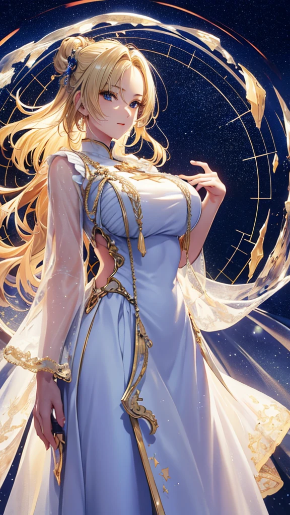 masterpiece, high quality, 4K, Beautiful design, silhouette，blonde， 非常に詳細な夜のStarry Sky,Glass Kingdom，Glass World，Glass Castle， wonderful, Finer details,  Very knowledgeable woman, Highly detailed solo, 1 female,Big Breasts， Pure white dress，Night view，Starry Sky，