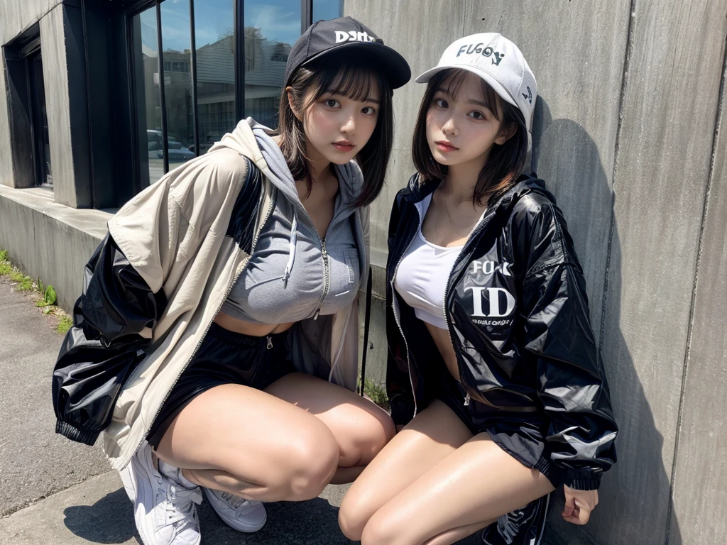 Masterpiece, 8K, award-winning photos, photorealistic, realistic, ultra detailed, ultra high definition, ray tracung, _ the most beautiful, 22 years old ,(sexy,Japanese idol, gray hair, short hair),shiny skin , detailed skin , detailed face , perfect anatomy, 1girl~2girls,
_
BREAK (droopy eyes, Natural makeup:1.2),light color, huge breasts,
_
glowing blue eyes, tan skin,
_
BREAK (black and White theme:1.4), (oversized and baggy black outerwear:1.3), (fusion of black windbreaker and White hoodie:1.4), (black Nylon:1.4), ((zipper, large pocket):1.3), BREAK (black and white :1.2), (black platform high-cut sneakers:1.2),(Black leather short pants),(baseball cap),
Inorganic concrete studio with windows, highly detailed background, , ultra-realistic textures, dramatic lighting ,raw photo, _(dutch angle and curtsey ,on side:1.2), looking at viewer,
