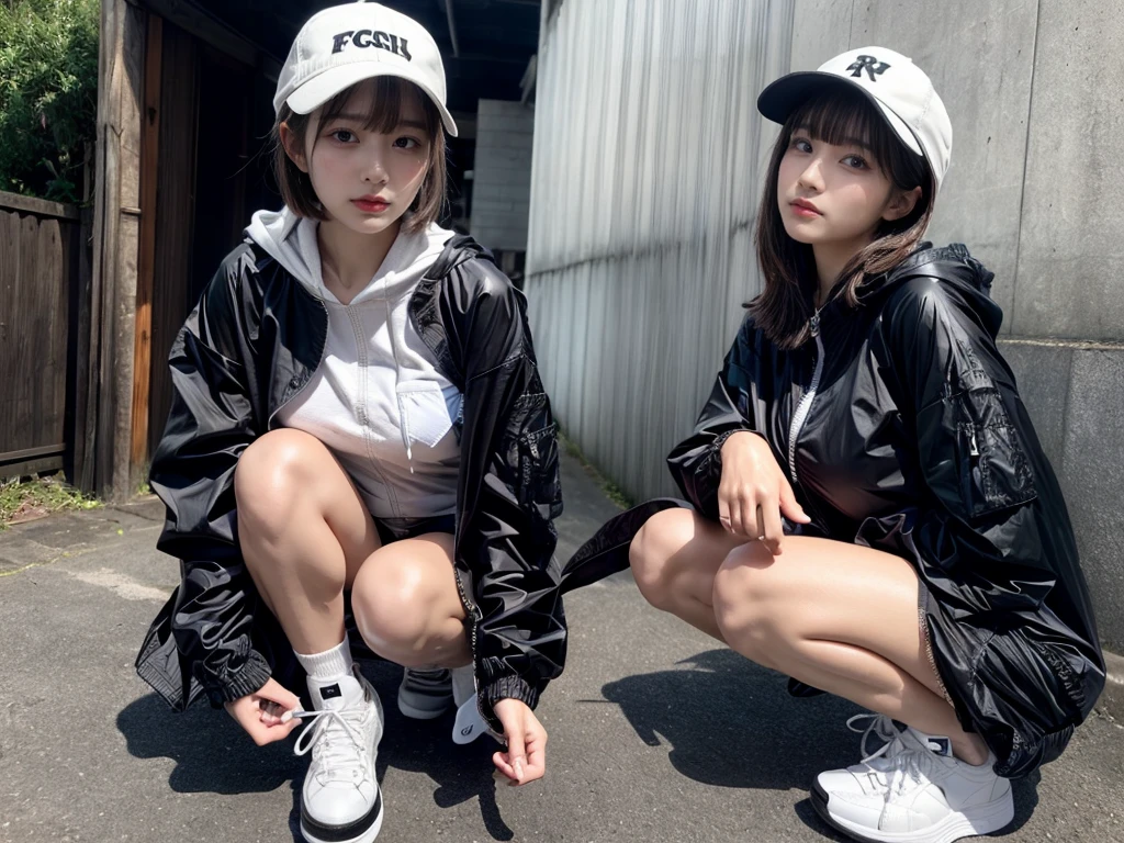 Masterpiece, 8K, award-winning photos, photorealistic, realistic, ultra detailed, ultra high definition, ray tracung, _ the most beautiful, 22 years old ,(sexy,Japanese idol, gray hair, short hair),shiny skin , detailed skin , detailed face , perfect anatomy, 1girl~2girls,
_
BREAK (droopy eyes, Natural makeup:1.2),light color, huge breasts,
_
glowing blue eyes, tan skin,
_
BREAK (black and White theme:1.4), (oversized and baggy black outerwear:1.3), (fusion of black windbreaker and White hoodie:1.4), (black Nylon:1.4), ((zipper, large pocket):1.3), BREAK (black and white :1.2), (black platform high-cut sneakers:1.2),(Black leather short pants),(baseball cap),
Inorganic concrete studio with windows, highly detailed background, , ultra-realistic textures, dramatic lighting ,raw photo, _(dutch angle and curtsey ,on side:1.2), looking at viewer,