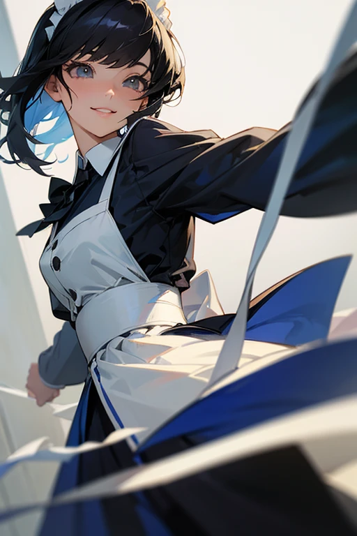 (Highest Resolution, clear_image) highest quality, Single person, One woman, alone, masterpiece, Very detailed, Semi-realistic, Black Hairのショートヘア, Black Hair, bangs, 18-year-old, mature, light blue uniform, uniform, Indoor Background, kind, Authoritative, Powerful, exquisite features, exquisite features、Eyelashes become longer、Showing teeth、smile😀、Maid clothes、woman&#39;Fingers in the、Sleeping on the sofa、Long Hair、Fluttering in the wind、Cleaning、Navy blue clothes、Long Hair、