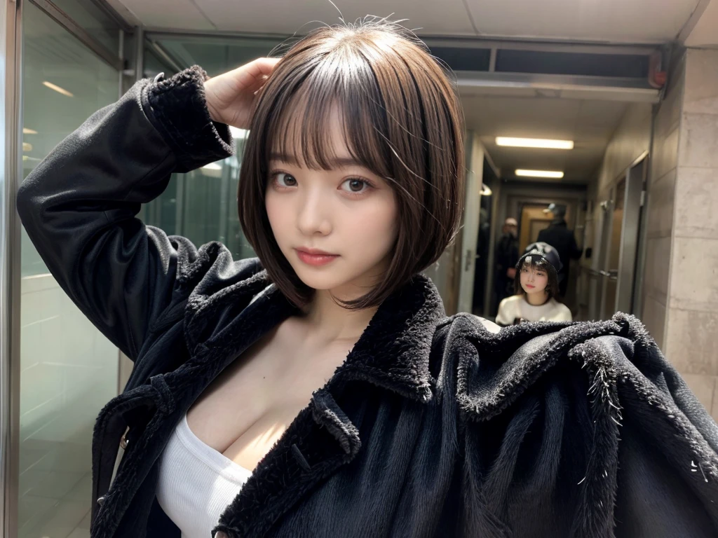 With bangs,Beautiful black hair,Woman with straight medium bob cut,huge breasts,,21-year-old female,(((No hat))),Aspacarina,((Shy expression)),huge breasts,,Very beautiful eyes, ,(((Wearing a tattered black coat))),,(make:1.4),Big eyes,Hip Hop Dancer,Gangster style long pants,8k,High resolution,Gangster style,(head shot:1.5)