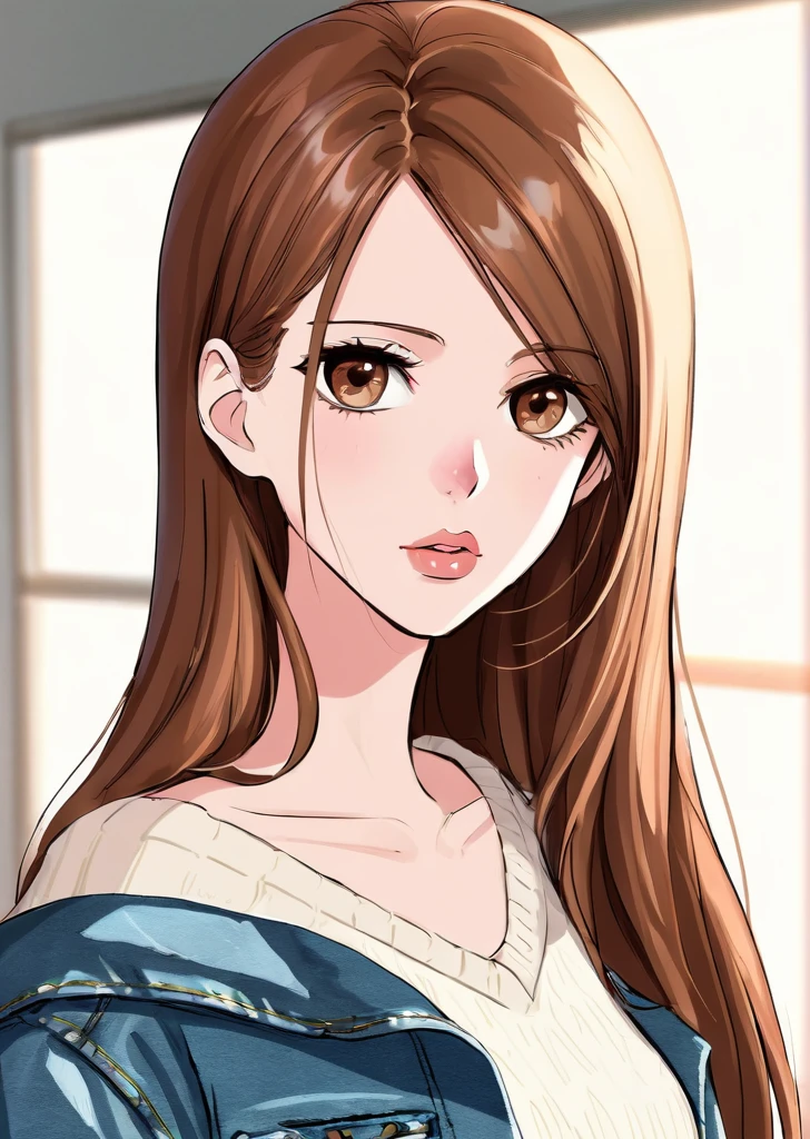Girl, long straight brown hair, light brown eyes, sharp features, white skin, pink lips, beautiful, sweater, denim jacket