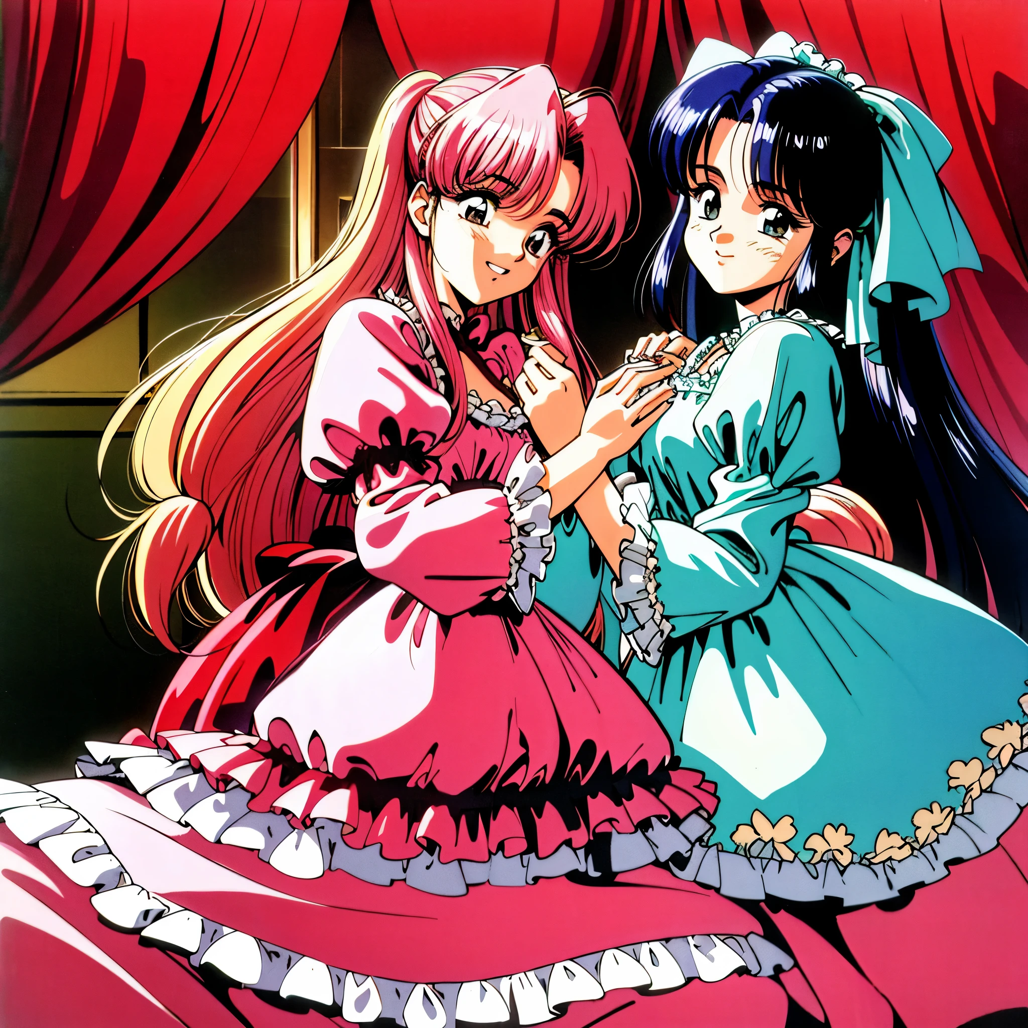 1990s style anime illustration,Happy girls fighting with pillows at pajama party。Many small feathers fluttering、ta style fashion with long sleeves and a long skirt nightgown with frills and ribbons。On a huge, wide canopy bed、Lots of frilly pillows and a frilly bed skirt、There are frilly curtains surrounding the bed.。detailed face。