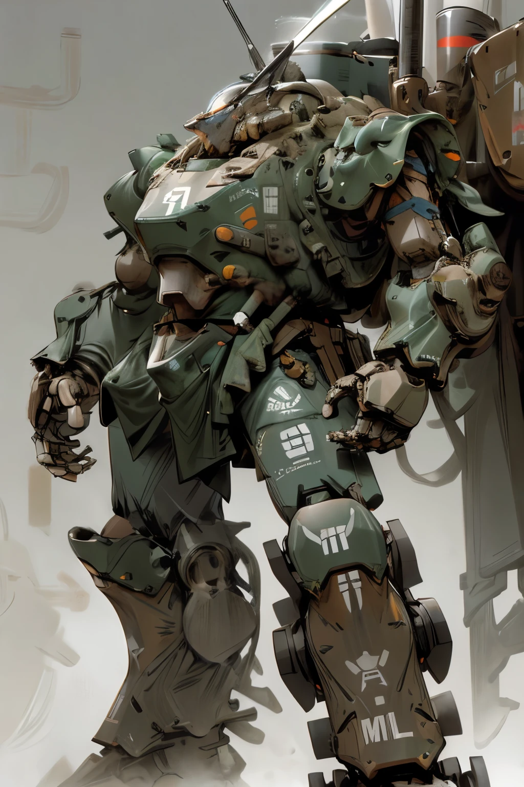 a close up of a robot with a gun on a gray background, metal gear mech, mech concept art, mech shaped like a manatee, tank with legs, mecha animal, mech body, war robot, wolf armor mech, mech robot, mech, sci-fi mech, battle mech, mech robot futuristic, military robot, mechanized art concept, Armored Trooper, headless:1.1