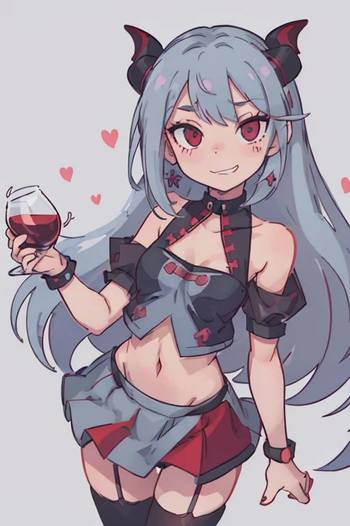 (best quality:0.8) perfect anime illustration, a pale pretty, happy woman with long really-curly lightblue hair and wine-red eyes on the street, wearing a revealing black top, a dark red miniskirt covered in rhinestones, has cute stockings and accessories, close up view of her face grinning mischievously looking at viewer, smirking, small devil horns