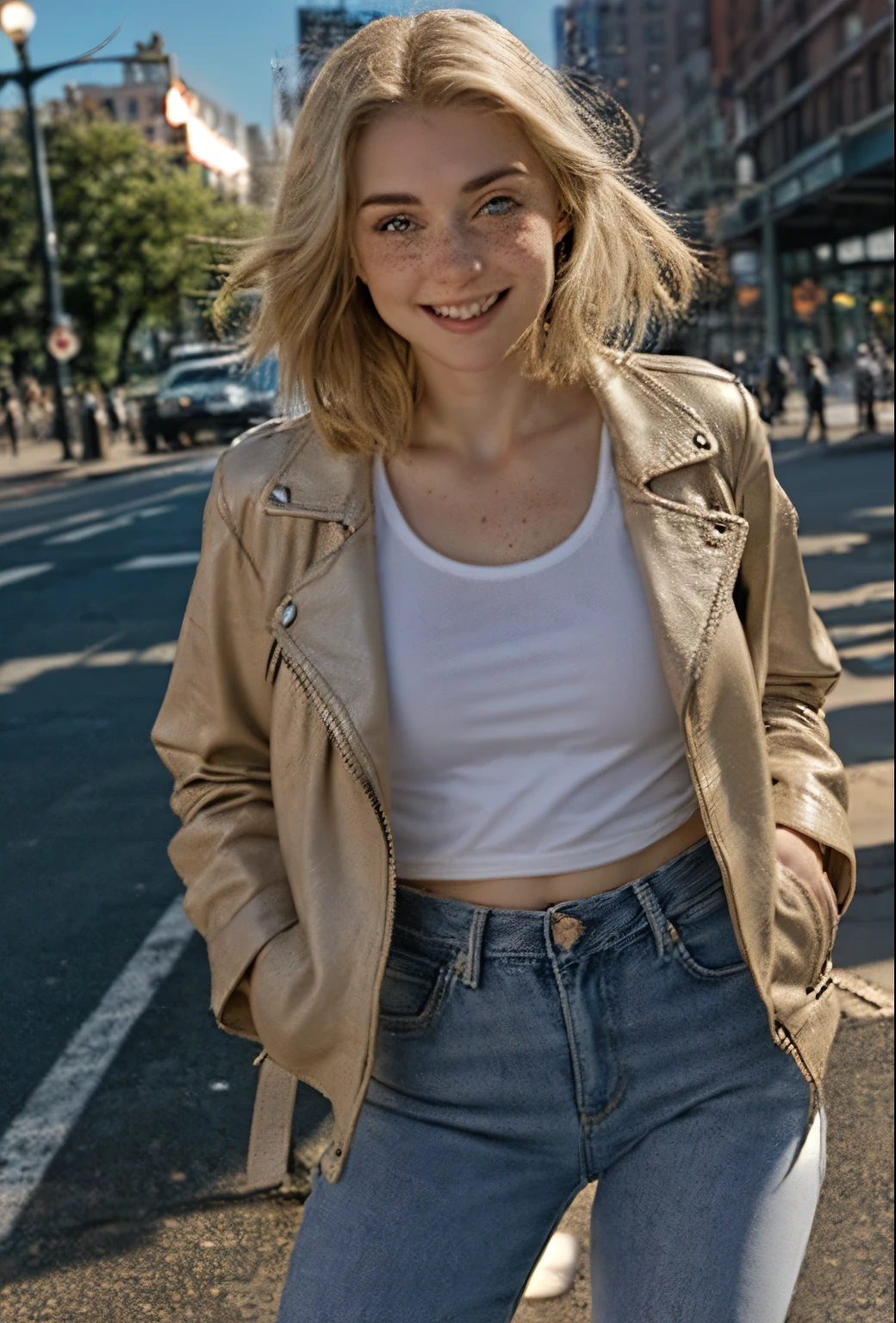 A 21 year old girl named Kate with short blonde hair, beautiful medium breasts, her height is 1.60, white British style, her eyes are light blue, Kate is beautiful, angelic face, has freckles in the nose area, Kate is wearing a beige leather women's jacket with a white shirt, kate wears a very light pair of jeans with white sneakers, Kate is on the streets of New York at dusk, Kate is very happy because she loves New York