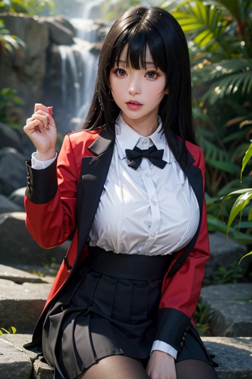 sit in tropical rainforest , steam , waistband of skirt is at the point above chest , Tight shirt , white Shirt , school girl , skirt under breasts , skirt is near breasts area , skirt is adjacent to the chest , jabami yumeko, black hair, long hair, blunt bangs , red jacket, shirt, black skirt , big breasts , pikkyyumeko pikkyyumeko, 1girl, solo, looking at viewer, black hair, bangs, blunt bangs, long hair, very long hair, hime cut, red eyes, glowing eyes, breasts, large breasts, , shirt, red jacket, jacket, white shirt, collared shirt, lips, blazer, black pantyhose, mary janes,  full body,