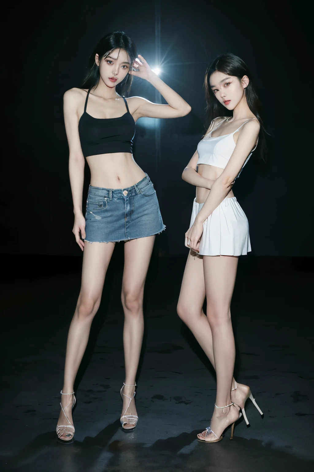 (highest quality,  8K masterpiece: 1.3), concentrated: 1.2,((((Both of them stand with their legs apart)))),(((Both of them have an inseam that is more than half their height.))),((Bare legs)),((Both of them are extremely slim))，((They both have super slim legs)),((2人ともアジア人離れした超tall)),((They are both the same height)),((Two beauties with perfect supermodel style: 1.2)), Super thin waist: 1.2, Thin buttocks,Open the navel,完璧なSuper thin thighs: 1.2),(((Both of them have amazingly slim figures.))),((Denim micro mini skirt)),Highly detailed face and skin texture,Symmetrical face, Beautiful Eyes, Beautiful Face,balanced eyes, Fair Asian Skin, Ultra-Realistic Details,((Slender Asian Girl)),((K-Pop Idols)), Natural Shadows,(((((Both of them take full body shots: 1.8))))),(Very small hips),Large firm breasts, Super long thighs,(Super thin thighs),(Super slim calves),((Small Ass)),Super muscular body,Super toned waist,More emphasis on the abdominal muscles，((Both of them are muscular and have clearly defined six pack abs.)),Super thin waist,((White high heels)),(tall),(((Both of them are extremely exposed.))),lengthen limbs,((Standing in front of a stylish cafe)),(White short mini camisole),Hands on hips,Both of them face forward，(((Both of you should face your whole body straight ahead.))),Super long arms,Thin hands,(Long black hair),((Both of them stand up straight.)),(Keep your hips facing forward),Both of them are beautiful with a 9-head body proportion.,Very thin ankles,The arms are very slender and muscular,The legs are super slender and muscular,Make your arms thinner,Super slim and muscular legs,Both of them have super long legs.,The middle of the thighs are very thin,Super muscular and extremely slim calves,Super muscular and slim thighs,Very tight waist,(Both of them have an inseam that is more than half their height.の美脚),Extremely thin thighs,Fine skin,Firm skin,(((Both of them should fit from the top of their heads to the toes of their heels.))),(((Both of them have super slim legs))),Both of them have super slim and muscular legs.,((Sunny afternoon)),(Bright outdoors),Midsummer,((Low - Angle)), (((Wide open abdomen))),information