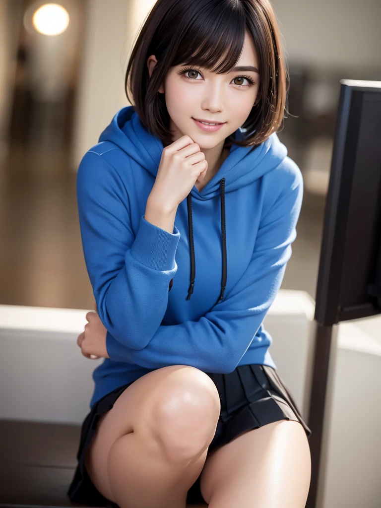 (8k, RAW Photos, highest quality, Tabletop:1.2), (Realistic, Photorealistic:1.4), (Highly detailed 8k wallpaper), Sharp focus, Depth of written boundary, Blur the background, Bokeh, Cinema Lighting, Soft Light, whole body, 1 girl,18 years old famous Japanese idol, Perfect female body, indoor, (Blue hoodie and black micro mini pleated skirt : 1.3), (Long, slender legs), (smile), Glossy lips, Beautiful fine details,Natural Makeup, Shiny and smooth light brown short bob hair, Asymmetrical bangs, Shiny skin, Center image, High resolution, Attention to detail, Detailed hairstyle, Detailed face, 素晴らしいCinema Lighting, Octane Rendering, Vibrant, Ultra-realistic, Perfect limbs, Perfect Anatomy