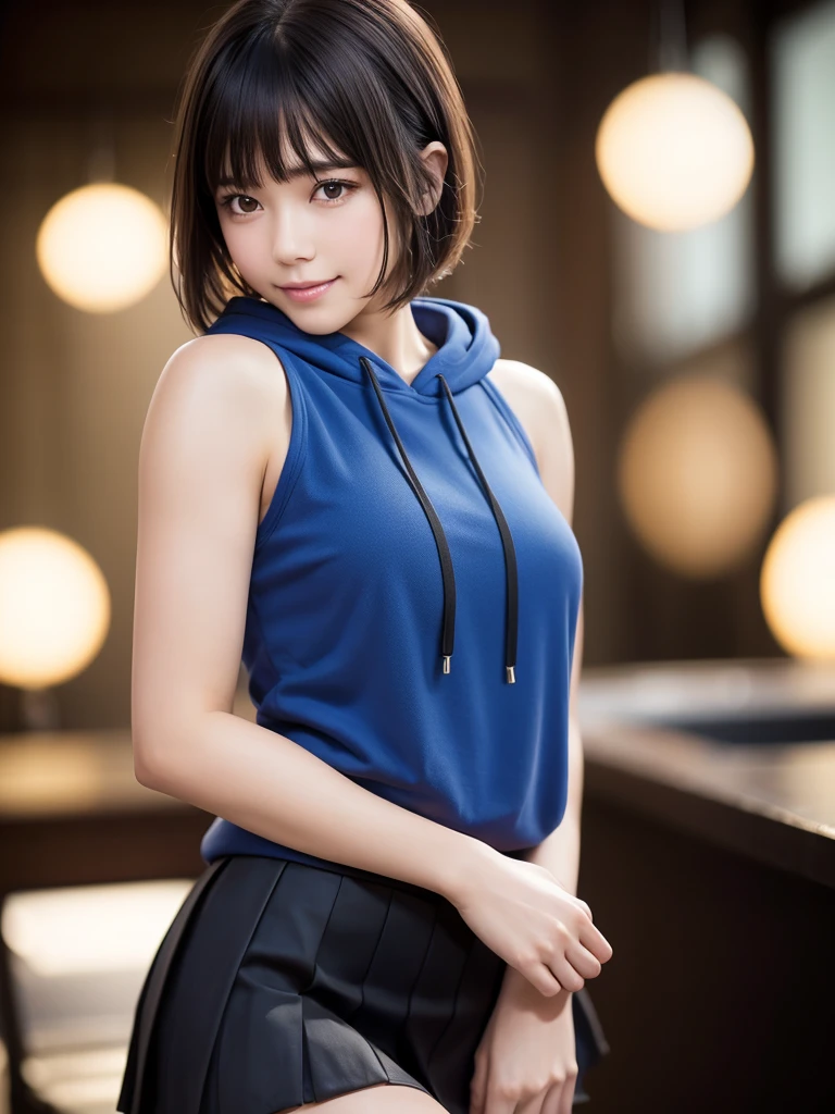 (8k, RAW Photos, highest quality, Tabletop:1.2), (Realistic, Photorealistic:1.4), (Highly detailed 8k wallpaper), Sharp focus, Depth of written boundary, Blur the background, Bokeh, Cinema Lighting, Soft Light, whole body, 1 girl,18 years old famous Japanese idol, Perfect female body, indoor, (Blue hoodie and black micro mini pleated skirt : 1.3), (Long, slender legs), (smile), Glossy lips, Beautiful fine details,Natural Makeup, Shiny and smooth light brown short bob hair, Asymmetrical bangs, Shiny skin, Center image, High resolution, Attention to detail, Detailed hairstyle, Detailed face, 素晴らしいCinema Lighting, Octane Rendering, Vibrant, Ultra-realistic, Perfect limbs, Perfect Anatomy