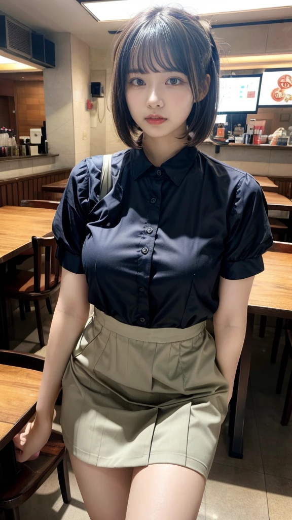 masterpiece, best quality, illustration, Super detailed, fine details, High resolution, 8K,wall paper, perfect dynamic composition,(Details High quality, realistic depiction of eyes:1.3), waitress uniform, restaurant, huge breasts, short bob hair、black hair color, Big Natural Color Lip, (perfect body shape), crying a little、cold gaze, Harajuku style、20 year old girl、cute type、lolita、beautiful legs, focus on crotch, full body photo, gravure idol