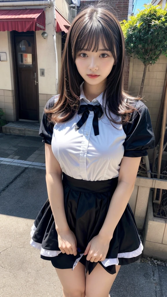 masterpiece, best quality, illustration, Super detailed, fine details, High resolution, 8K,wall paper, perfect dynamic composition,(Details High quality, realistic depiction of eyes:1.3), waitress uniform, restaurant, huge breasts, short bob hair、black hair color, Big Natural Color Lip, (perfect body shape), crying a little、cold gaze, Harajuku style、20 year old girl、cute type、lolita、beautiful legs, focus on crotch, full body photo, gravure idol