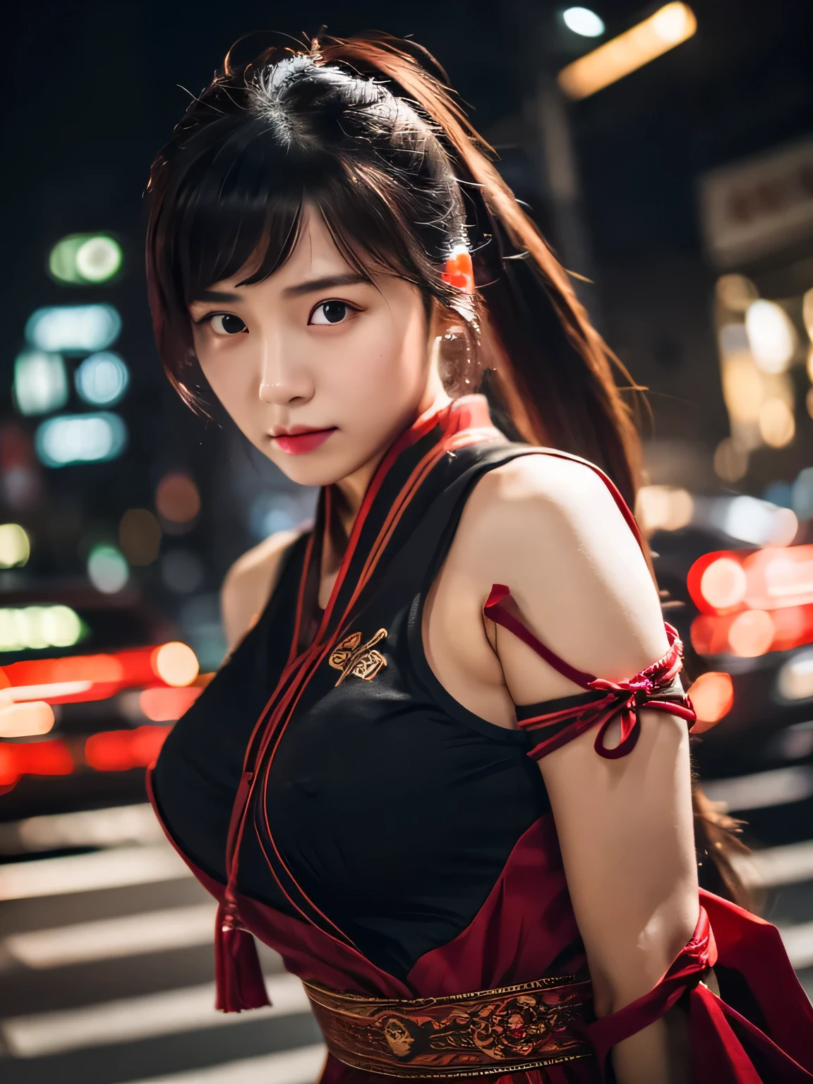 portrait of woman ,20yo,chinese,upper body,chinese clothes,Shanghai street,cinematic lighting,fighting  pose,