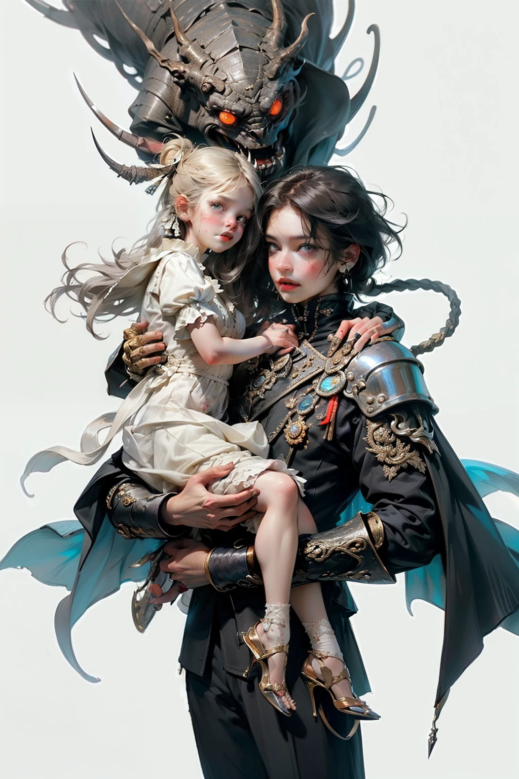 ((best quality)), ((masterpiece)), (detailed), perfect face (((masutepiece, of the highest quality, super detailed))), hand drawn style, hand painted style, watercolour, sketch, a knight, white background, plain background, Bloodborne inspired, tatty Bloodborne attire, occult aesthetic, occult, tatty red and white clothing detailed and intricate steampunk and detailed gothic lolita (with a hood), long coat, Complex laced boots, Fluttering lace flared long knee length dress with frilly petticoats, long dress, knee length dress, pleated petticoats, lolita dress, petticoats gothic lolita, beautiful small breasts, (((( Highly detailed face))), small thin nose, Small thin lips mouth, (((Very sharp focused eyes))), Very large slit precision pale grey eyes that shine like jewels. very long eyelashes, Silver hair swaying in the wind, Emitting a dazzling light in a mandala pattern, white background, Very dramatic and cinematic lighting, tatty damaged old red and white clothing, full body, whole body, body, cosmic horror, grim dark