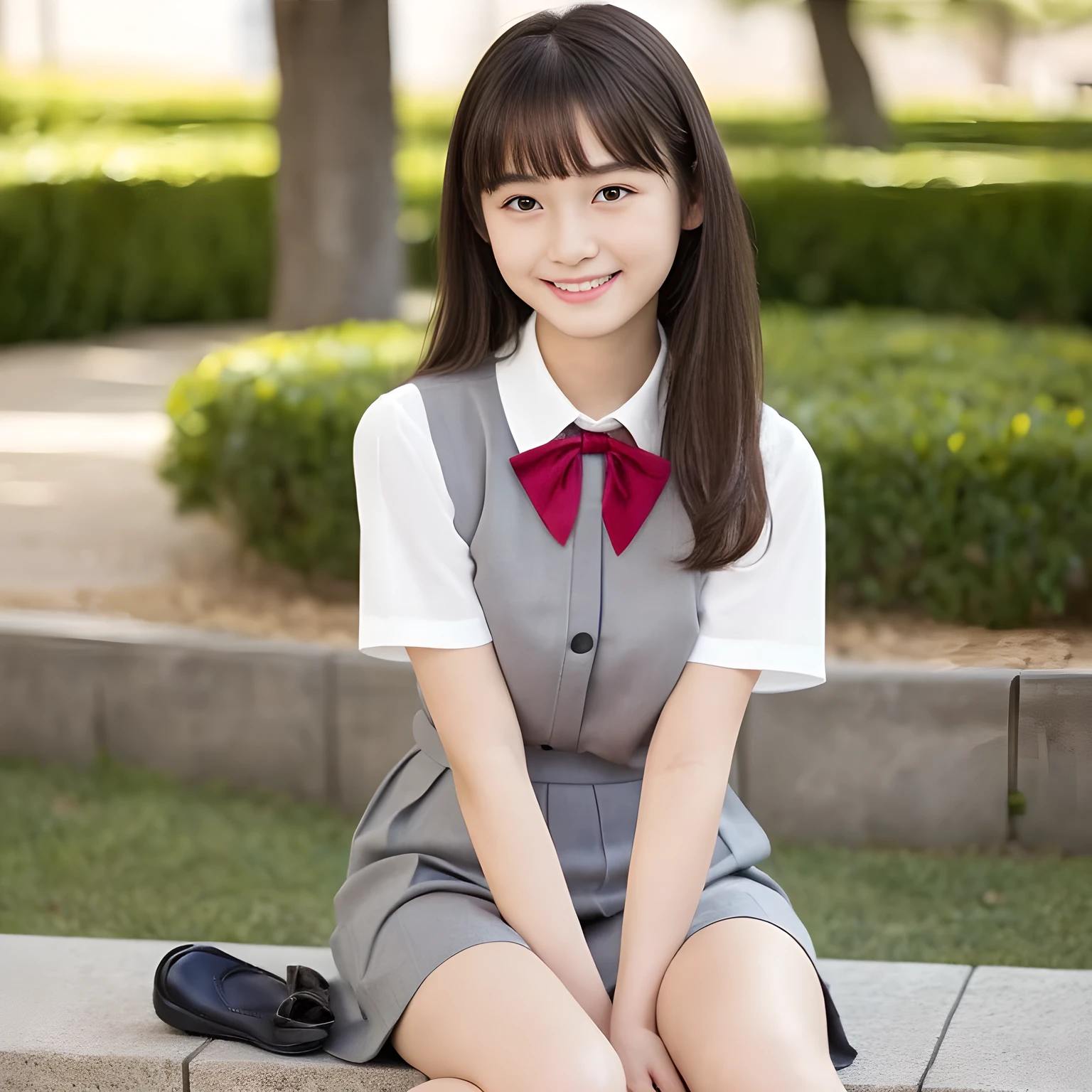 (highest quality, masterpiece:1.2), highest quality, Realistic, photograph, High resolution, 1080p, 8K, Physical Rendering, ((Height: 160cm)), ((((A ************ cute Japanese fashion model is seated and looking directly at the viewer)))), (((big very detailed Japanese beautiful dark brown eyes))), ((loving and laughing at me!)), detailed fingers, ((curled blunt bangs)), ((((Very noble and cute eyes, carefully drawn with great attention to detail)))), ((double eyelids)), (((long eyelashes))), ((cute lovely lovely laughing laughing cheeks)), (((Her facial features are very expressive noble smile, very sweet, very intelligent))), ((((deep red ribbon bow tie)))), ((((black very beautiful and super long straight hair)))), ((((gray box-pleated school skirt and grey vest)))), box-pleated skirt, ((((A ivory summer blouse with puffed short sleeves)))), ((Classical orchestra concert hall)), ((complexion lightening)), ((Full body shot)), ((chorus singer)), Japanese girls legs, (((white socks and loafers)))