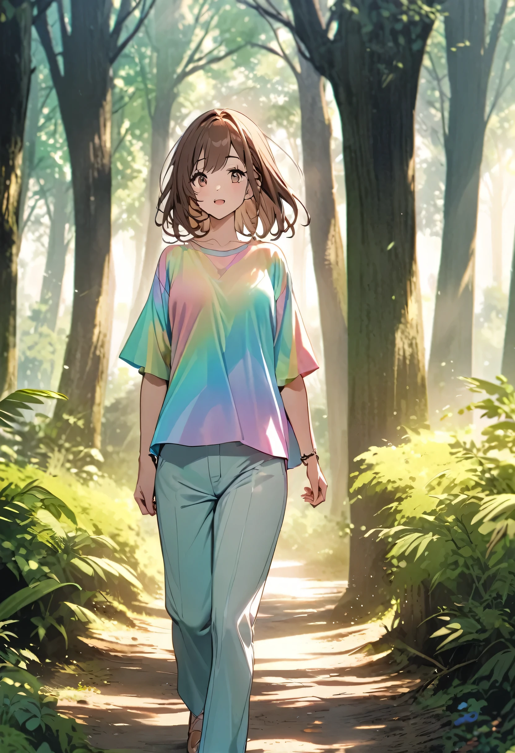 A beautiful woman who has a chestnut brown hair wearing a pastel rainbow colored shirt and pants is walking gracefully inside a forest.