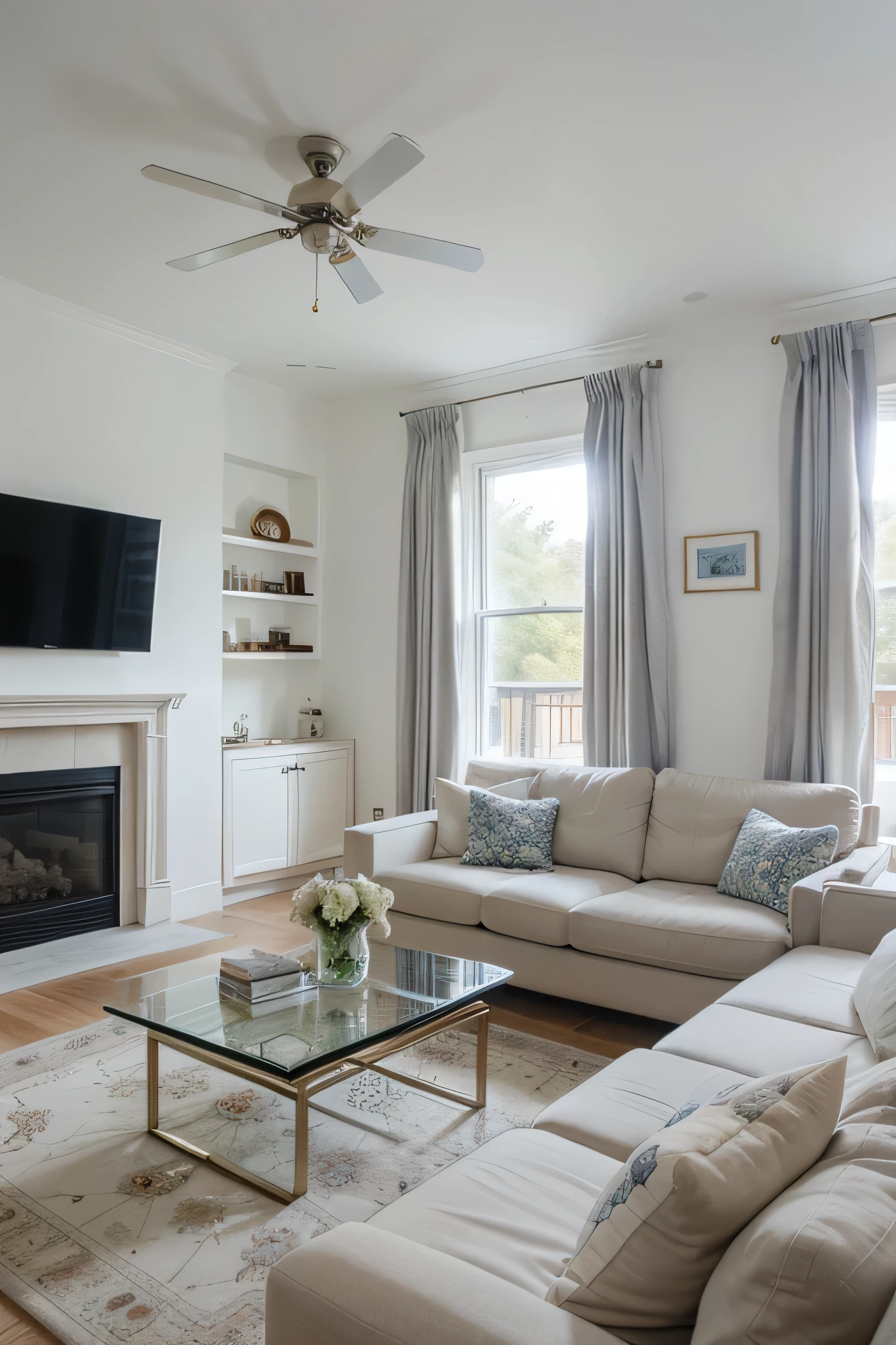 wide view layout Modern living room featuring white sectional sofas adorned with blue and white accent pillows. white Tiles. There is a glass coffee table with decorative items placed on top. Large windows with sheer white curtains and blue drapes fill the room with natural light. A minimalist, recessed ceiling light fixture and a wall-mounted flat-screen TV above a modern fireplace with a visible flame complete the contemporary look. A vase with white flowers stands on a side table. the layout are wide view, loose tiles