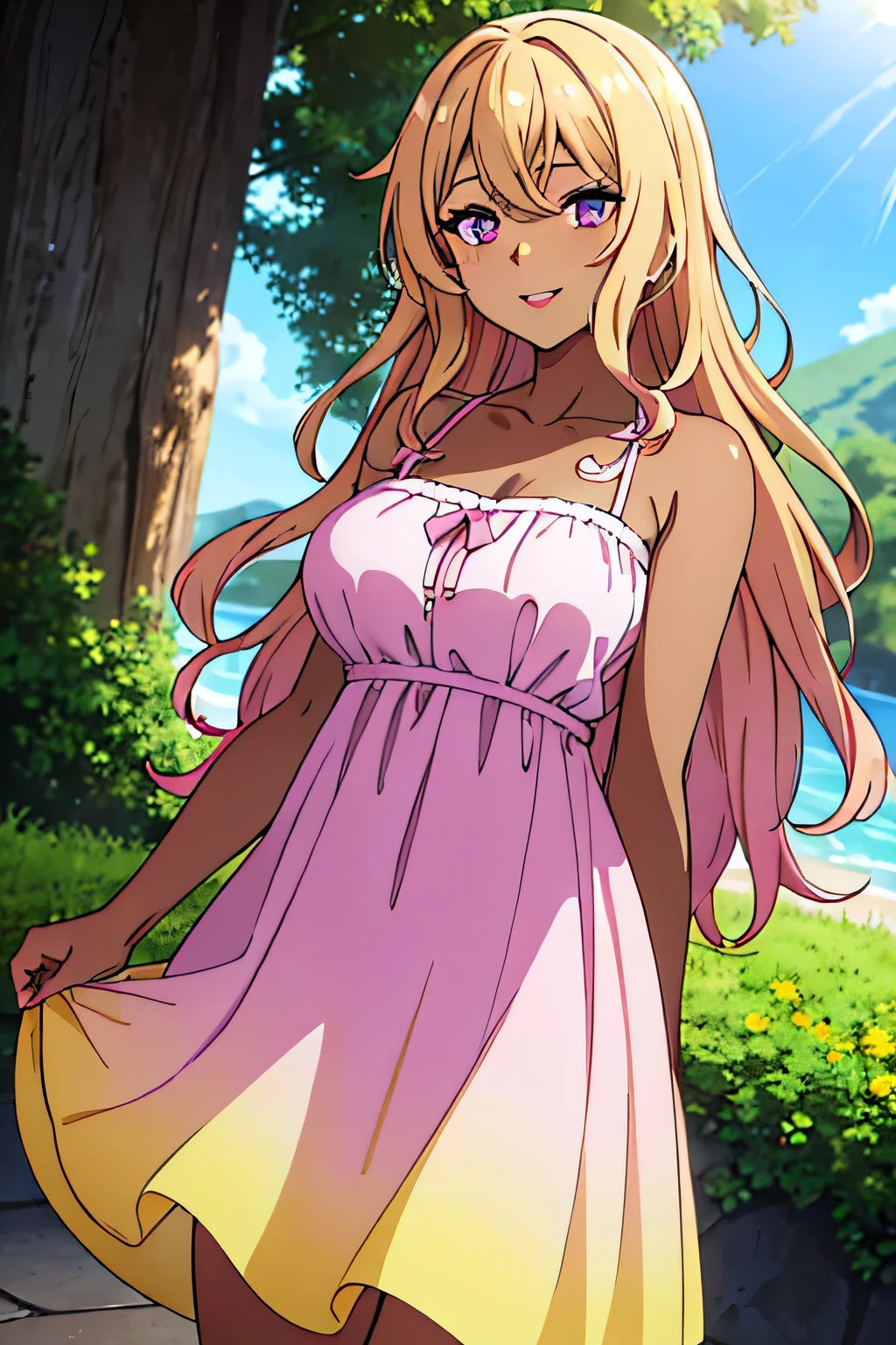 Highest quality, masterpiece, beautifully detailed eyes, (dark skin), blonde wavy hair, (gradient hair, pink highlights in hai)r, big perky breasts, purple eyes, standing, makeup, glossy lips, full lips, (natural lighting), outdoors, windy day, cute sundress, ((yellow sundress)), seductive smile, collarbone,