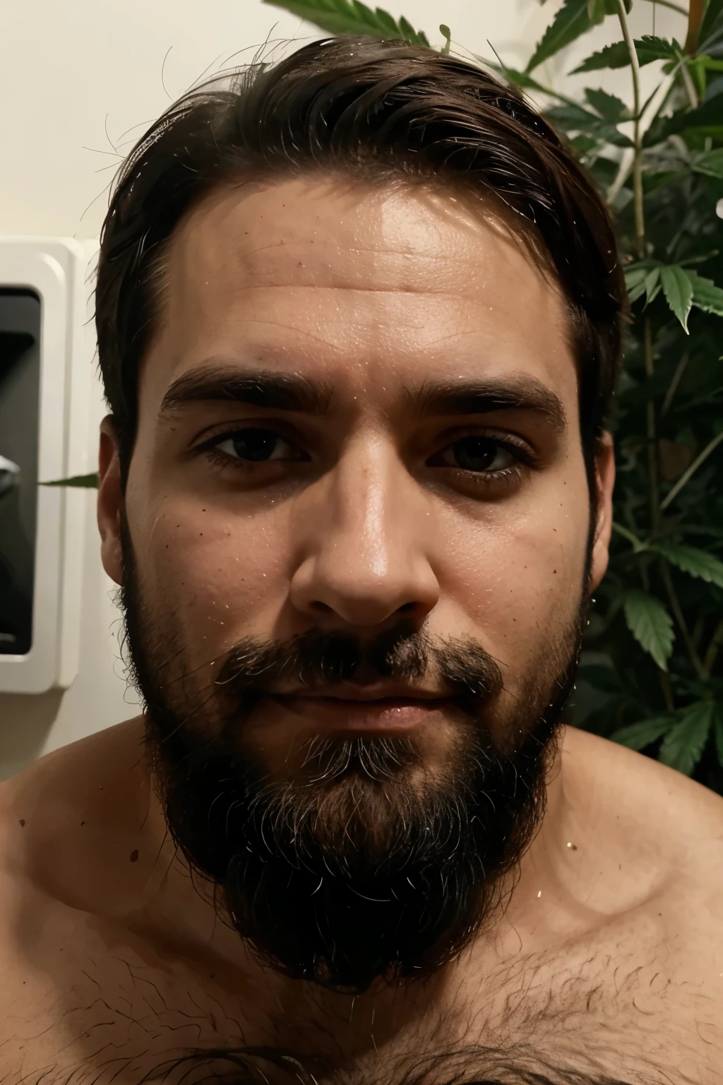 Homem branco com barba em um Grow de cannabis.