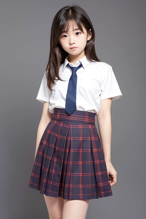 Simple background, very young and cute Japanese junior high school student, photorealistic, natural skin texture, no makeup, , childish face, small build, lifting skirt