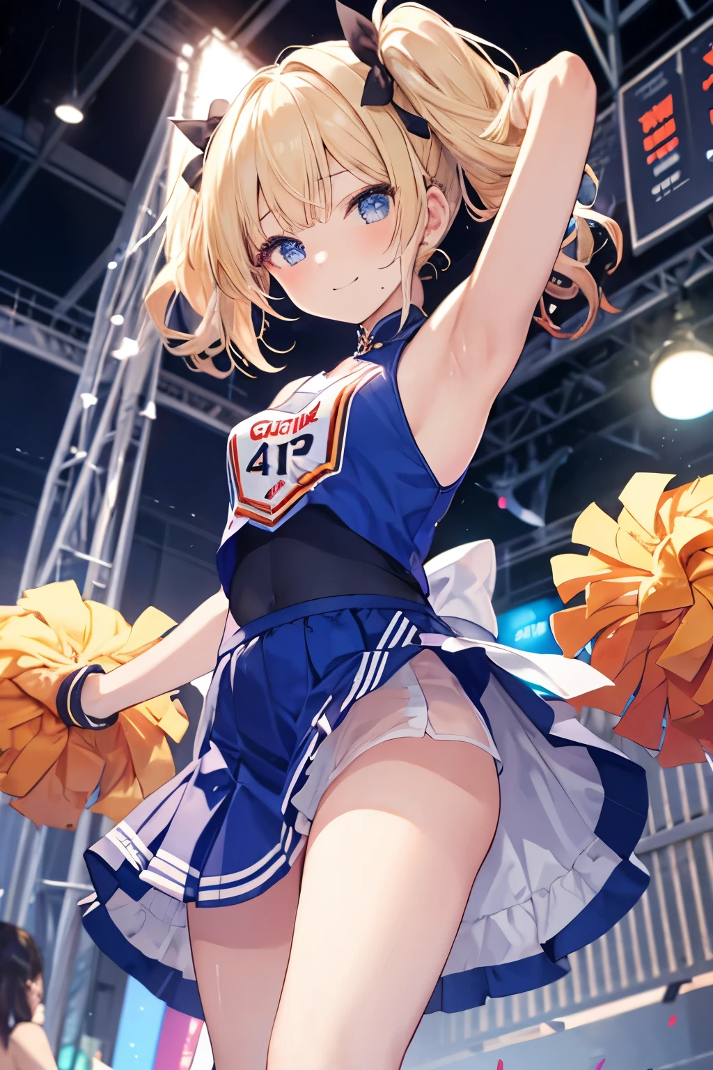 Blonde、Blue Eyes、girl、Small breasts、Twin tails、、girl、Small breasts、ta、Bright smile、Looks about 15 yan Musume、short、目のhighlight、Sexy thighs、Cheerleader、Please show me your armpits、Your eyes are so beautiful、highlight