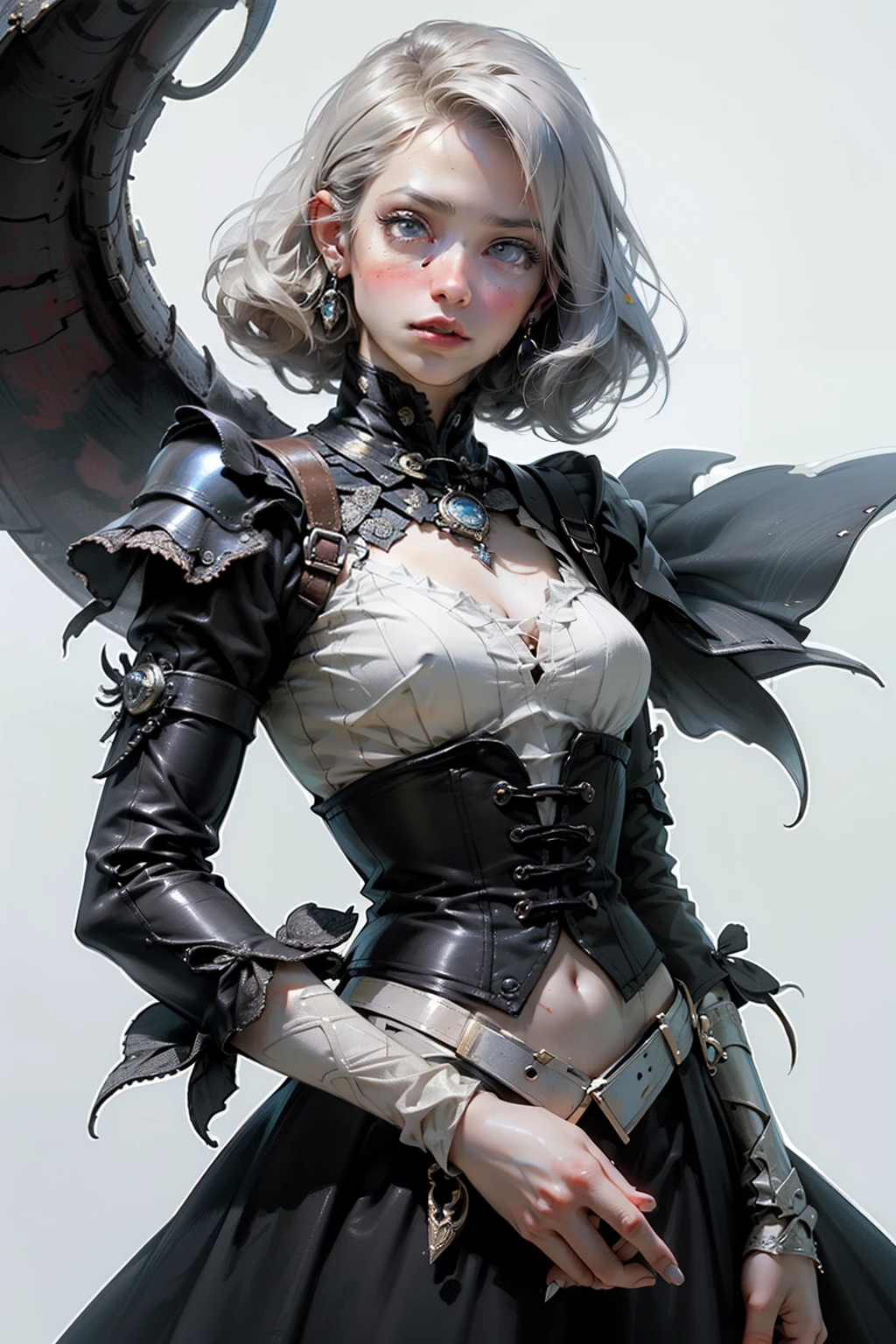 ((best quality)), ((masterpiece)), (detailed), perfect face (((masutepiece, of the highest quality, super detailed))), hand drawn style, hand painted style, watercolour, sketch, a knight, white background, plain background, Bloodborne inspired, tatty Bloodborne attire, occult aesthetic, occult, tatty red and white clothing detailed and intricate steampunk and detailed gothic lolita (with a hood), long coat, Complex laced boots, Fluttering lace flared long knee length dress with frilly petticoats, long dress, knee length dress, pleated petticoats, lolita dress, petticoats gothic lolita, beautiful small breasts, (((( Highly detailed face))), small thin nose, Small thin lips mouth, (((Very sharp focused eyes))), Very large slit precision pale grey eyes that shine like jewels. very long eyelashes, Silver hair swaying in the wind, Emitting a dazzling light in a mandala pattern, white background, Very dramatic and cinematic lighting, tatty damaged old red and white clothing, full body, whole body, body, cosmic horror, grim dark