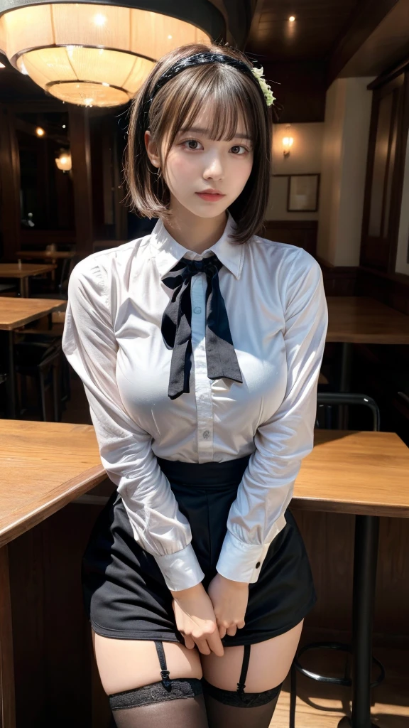 masterpiece, best quality, illustration, Super detailed, fine details, High resolution, 8K,wall paper, perfect dynamic composition,(Details High quality, realistic depiction of eyes:1.3), waitress uniform, restaurant, huge breasts, short bob hair、black hair color, Big Natural Color Lip, (perfect body shape), crying a little、cold gaze, Harajuku style、20 year old girl、cute type、ta、beautiful legs, focus on crotch, full body photo, gravure idol