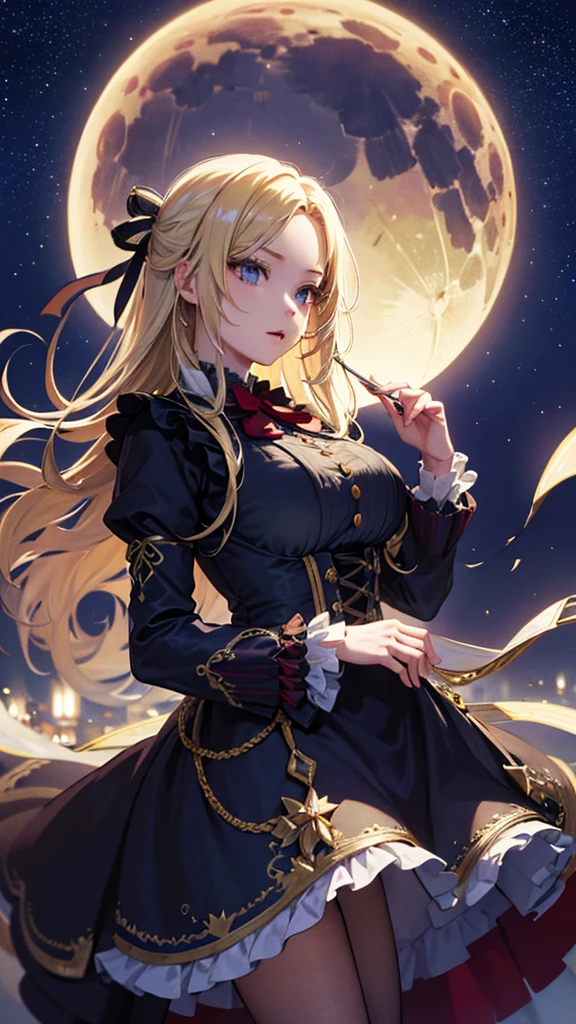 masterpiece, high quality, 4K, Beautiful design, silhouette，blonde， 非常に詳細な夜のStarry Sky,Flower Field， wonderful, Finer details,  Very knowledgeable woman, Highly detailed solo, 1 female,Big Breasts，Gothic ****ta Fashion，Night view，Starry Sky，full moon，