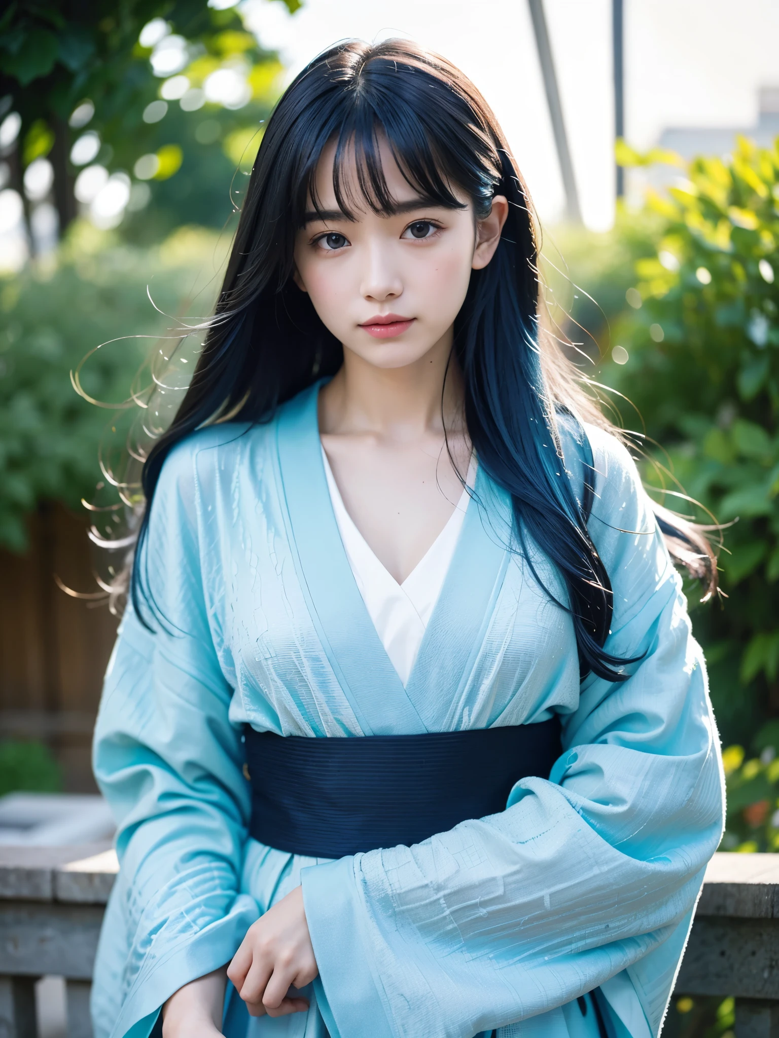 (best quality, masterpiece, colorful, highest detailed) upper body photo, fashion photography of cute (young cute french girl), floating blue hair, long hair, (water:0.7), waterdrop, wet, high detailed blue kimono texture, intricate pattern, ultra detailed, (textured clothing), (ultra-detailed body), (light smile:0.3), softlight passing through hair, (monochromatic bokeh background), (dynamic angle), (intricate details), (dynamic angle)