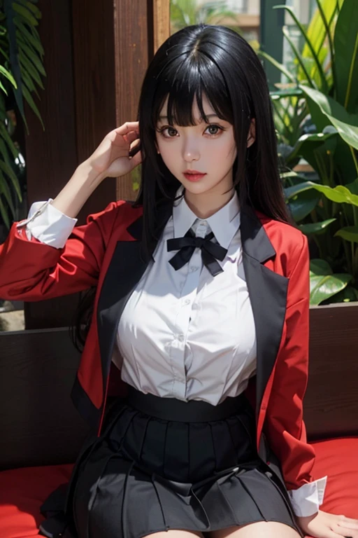 sit in tropical rainforest , steam , waistband of skirt is at the point above chest , Tight shirt , white Shirt , school girl , skirt under breasts , skirt is near breasts area , skirt is adjacent to the chest , jabami yumeko, black hair, long hair, blunt bangs , red jacket, shirt, black skirt , big breasts , pikkyyumeko pikkyyumeko, 1girl, solo, looking at viewer, black hair, bangs, blunt bangs, long hair, very long hair, hime cut, red eyes, glowing eyes, breasts, large breasts, , shirt, red jacket, jacket, white shirt, collared shirt, lips, blazer, black pantyhose, mary janes, full body,